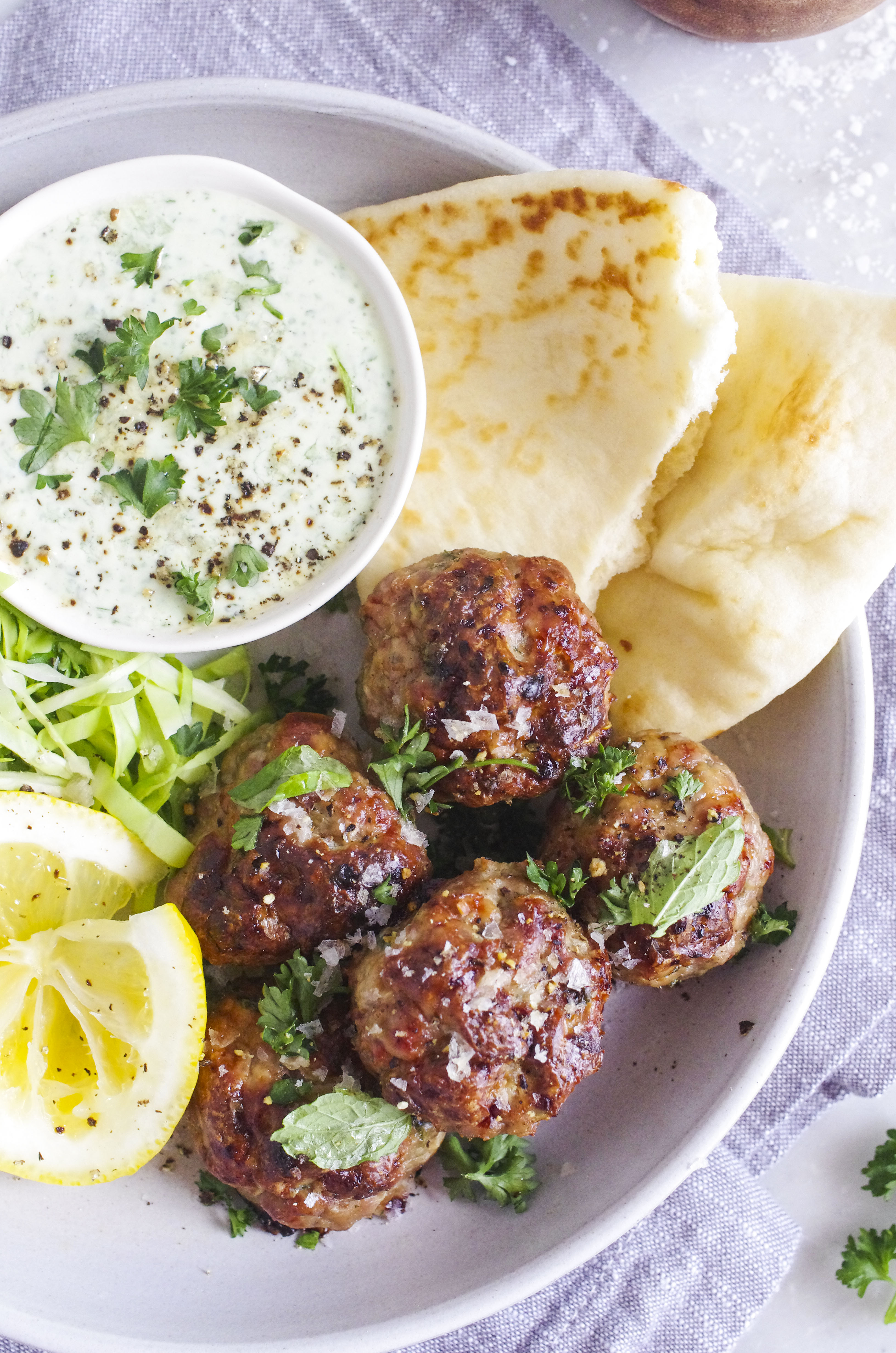 Lamb Meatball Roll-Ups with Mint-Yogurt Sauce.