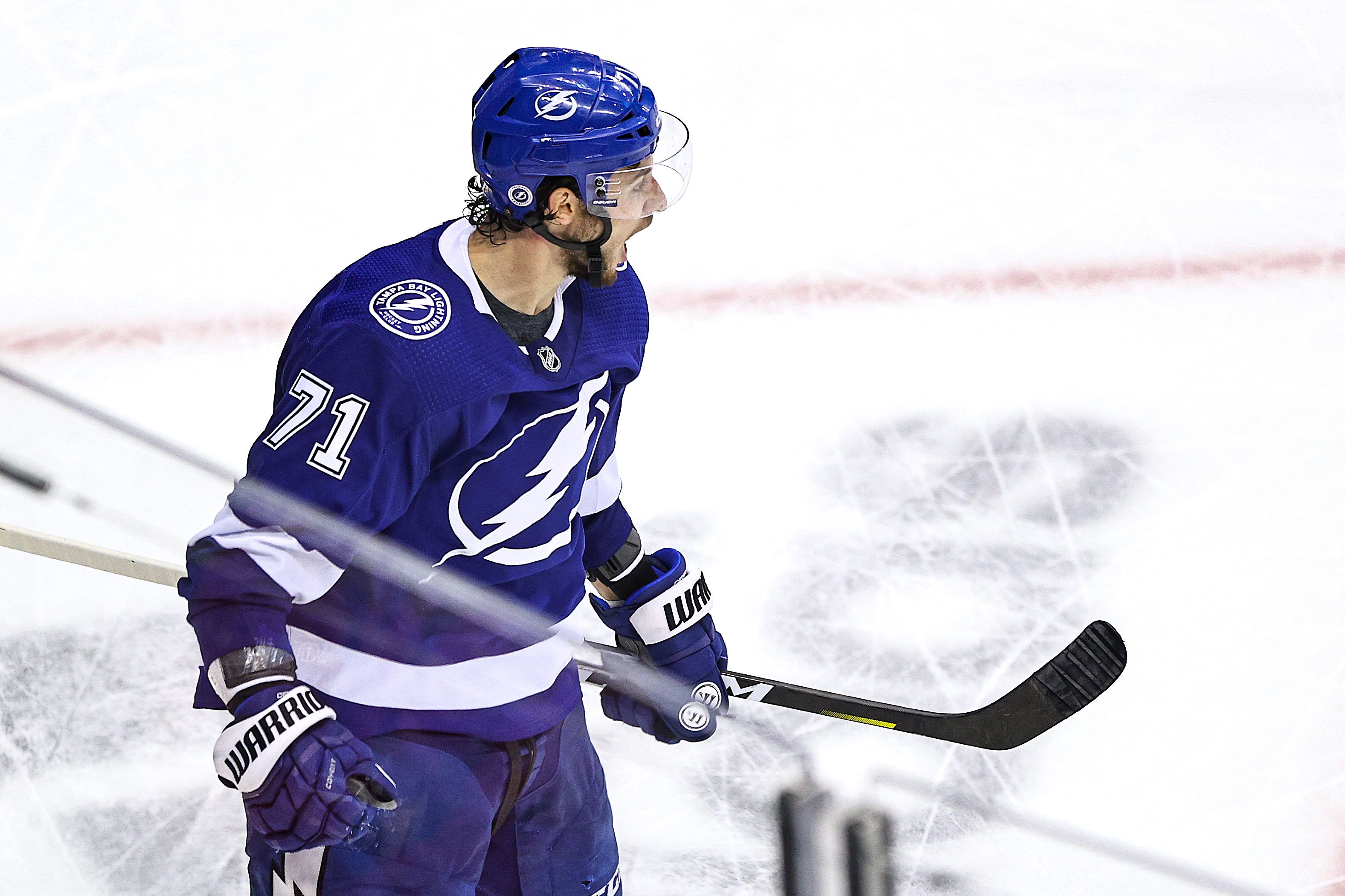 Tampa Bay's Anthony Cirelli celebrates after a third-period goal Monday night.