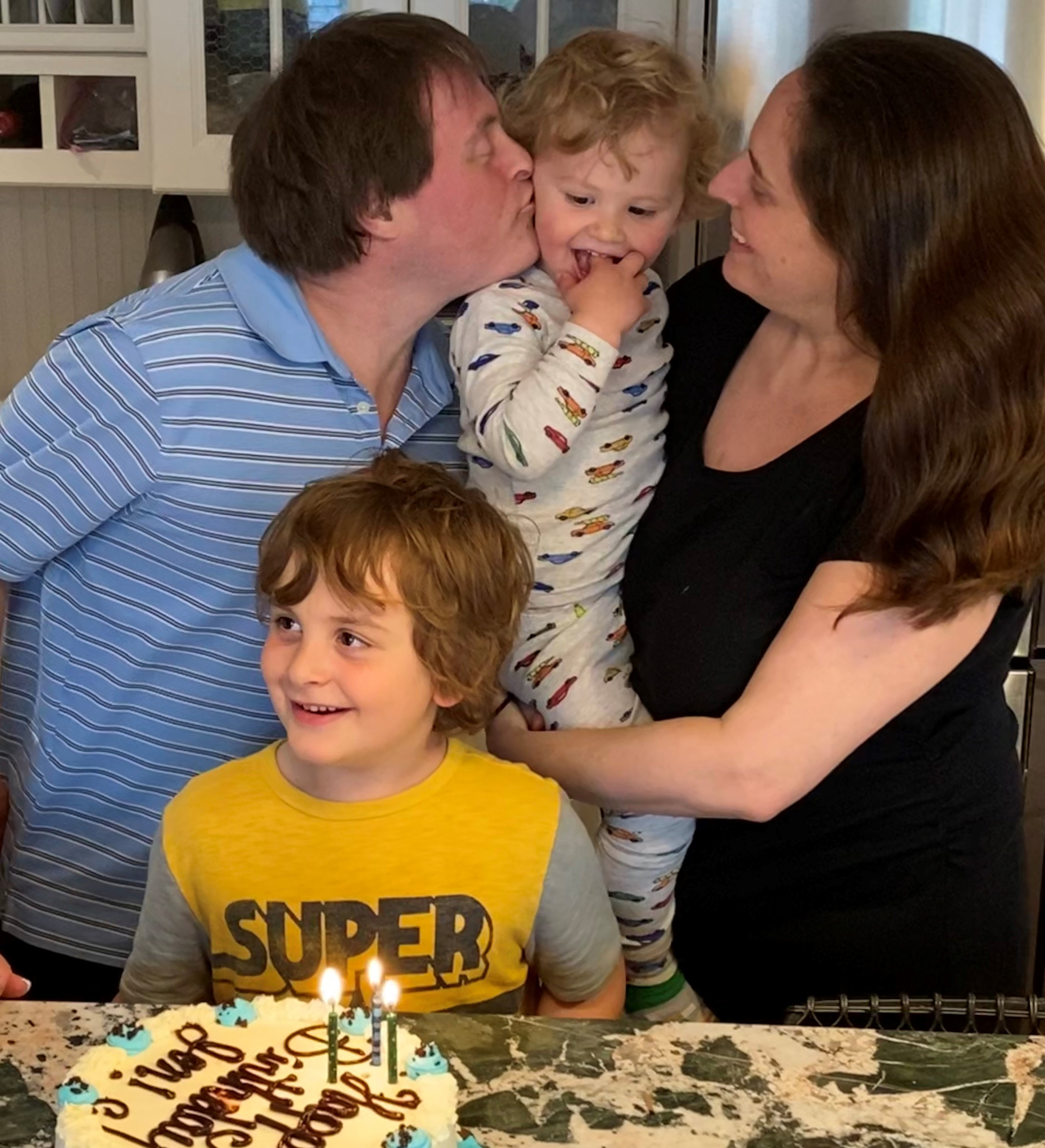The writer’s son, Jon Derr (left), celebrates his birthday with his sister, Emily Derr, and his nephews.