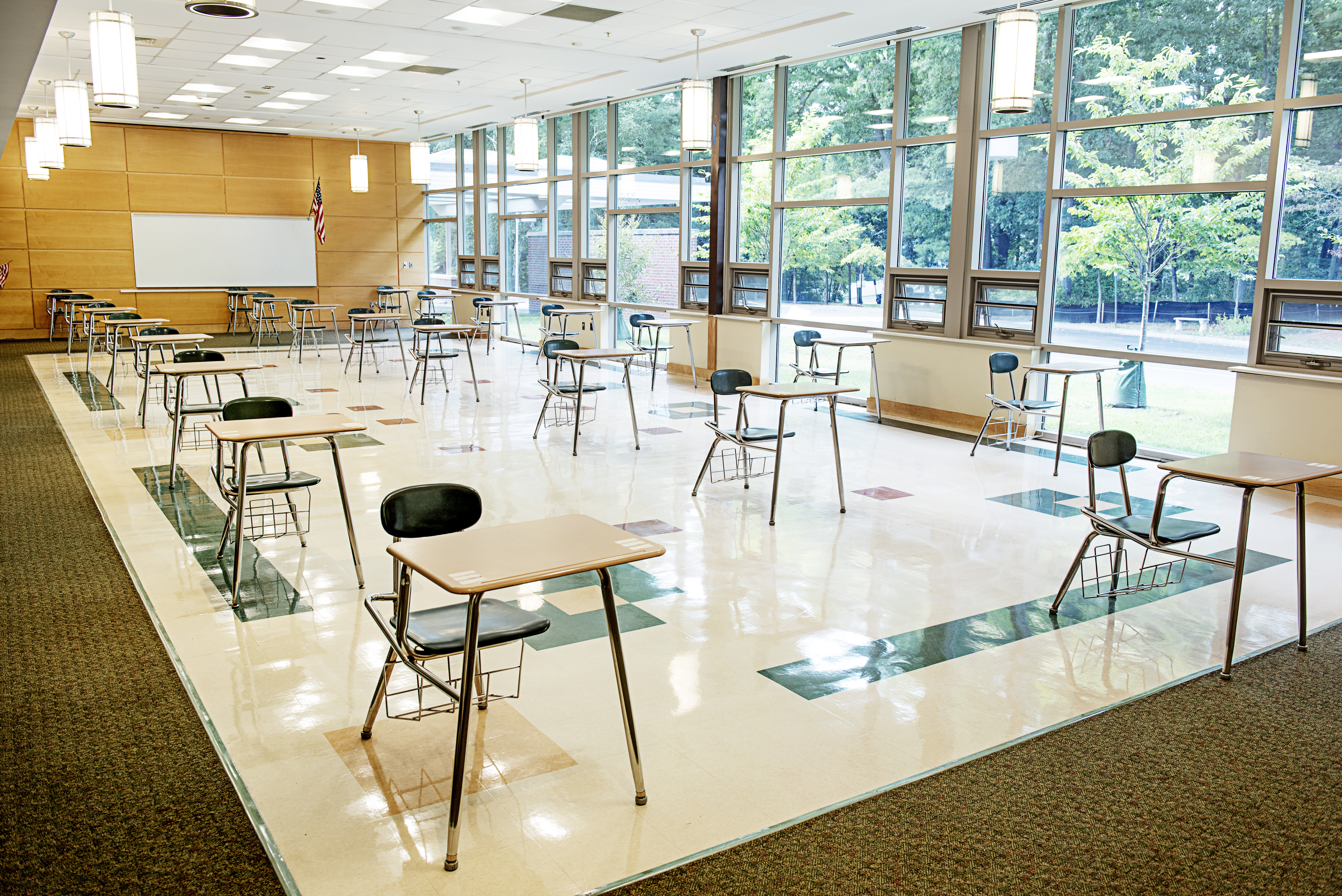 A classroom at Bedford’s John Glenn Middle School arranged for social distancing.