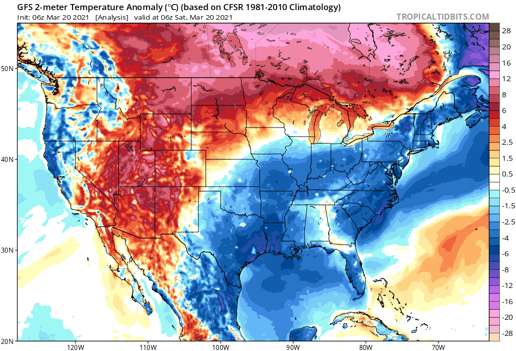 Temperatures are forecast to be above average (warm colors) across the eastern third of the US this week.
