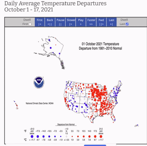 Red dots represent temperatures above average on a given day, blue dots are below.