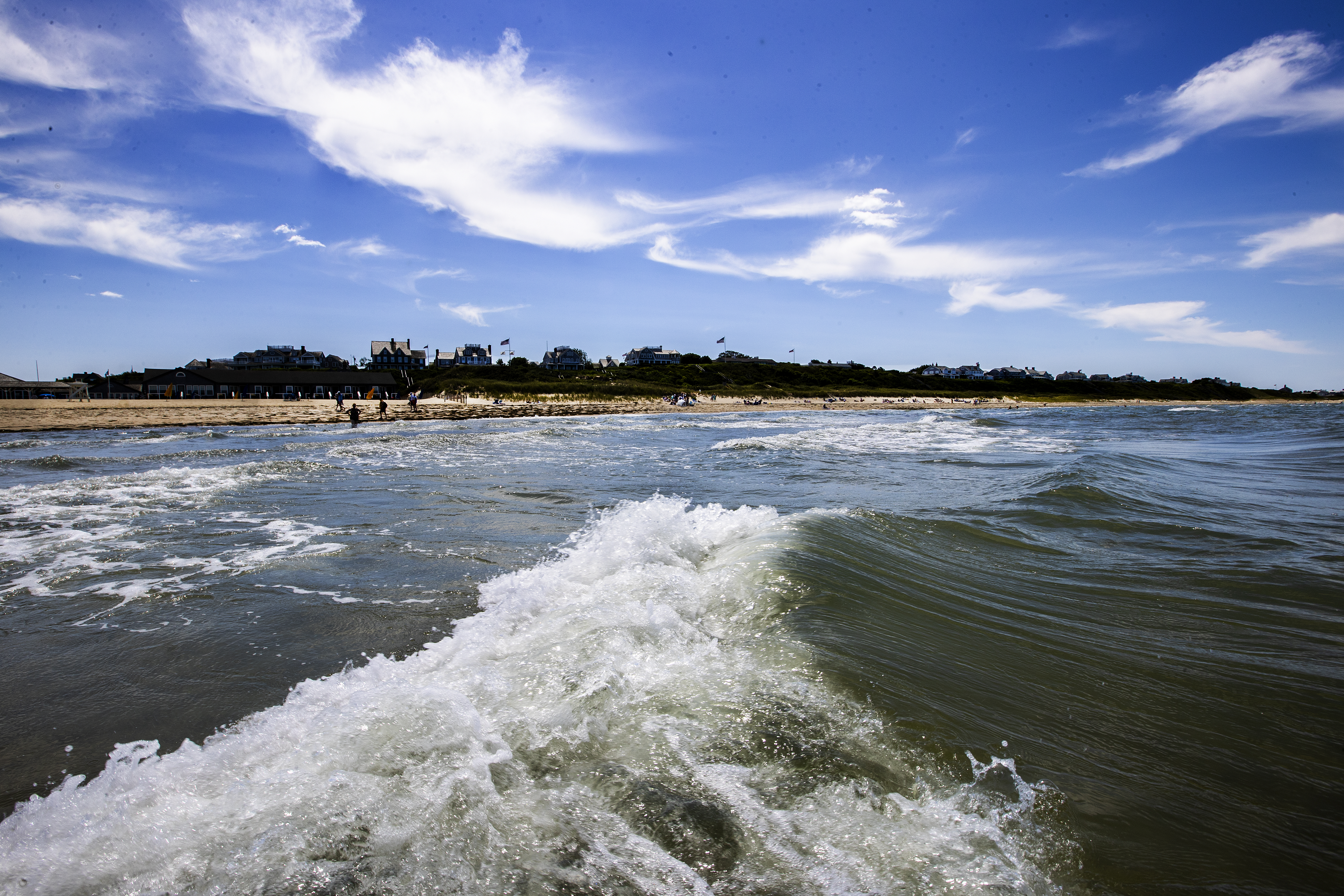 Waves broke at low tide near Jetties Beach in Nantucket.