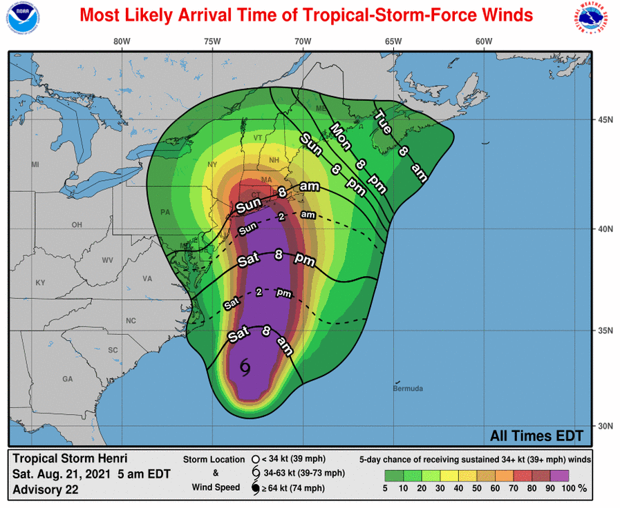 Most likely arrival time of tropical storm-force winds.