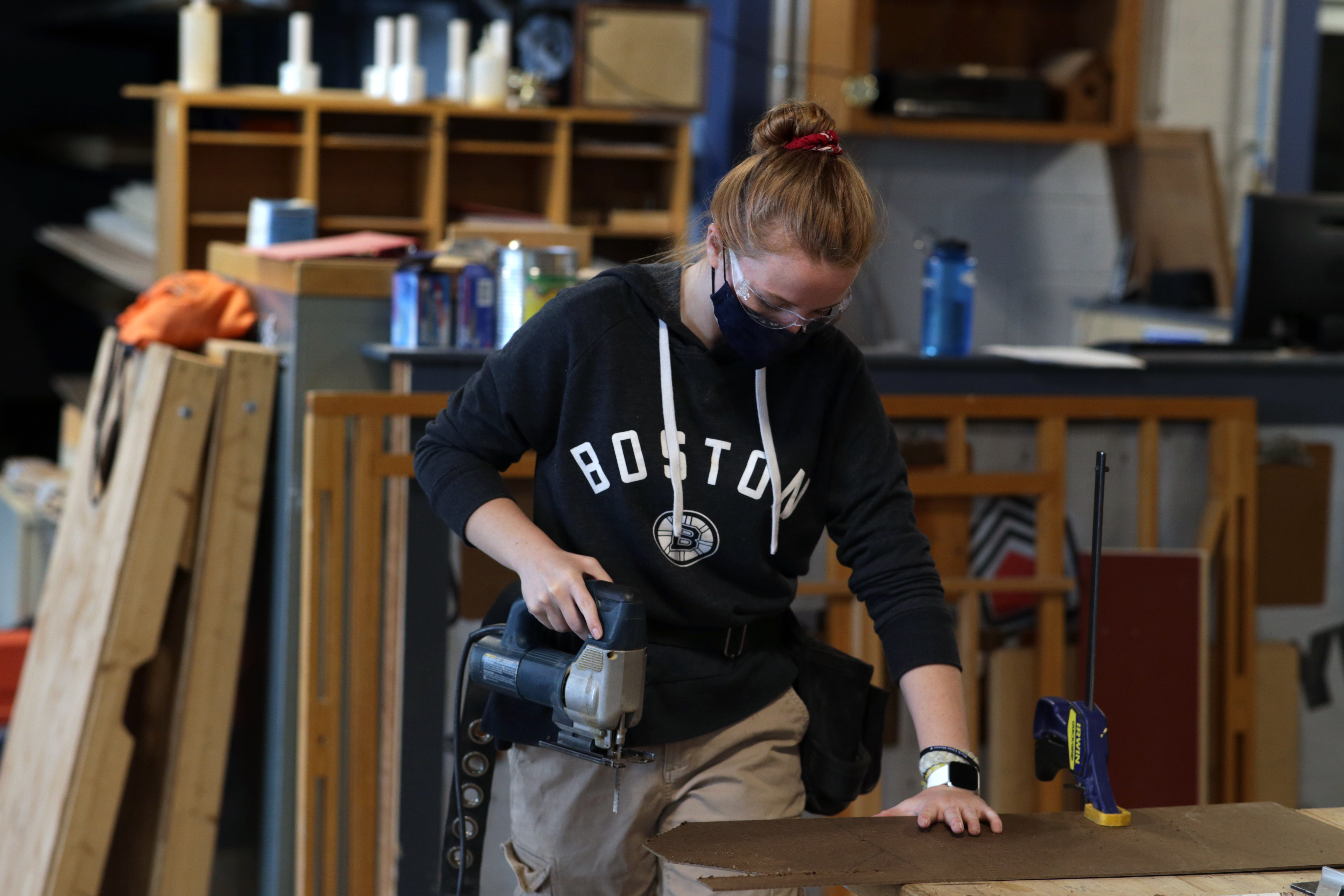 Meghan Corrigan worked in a construction-technology class at Blue Hills Regional Technical School in September. The school offers programs such as automotive technology, electrical work, cosmetology, and culinary arts.