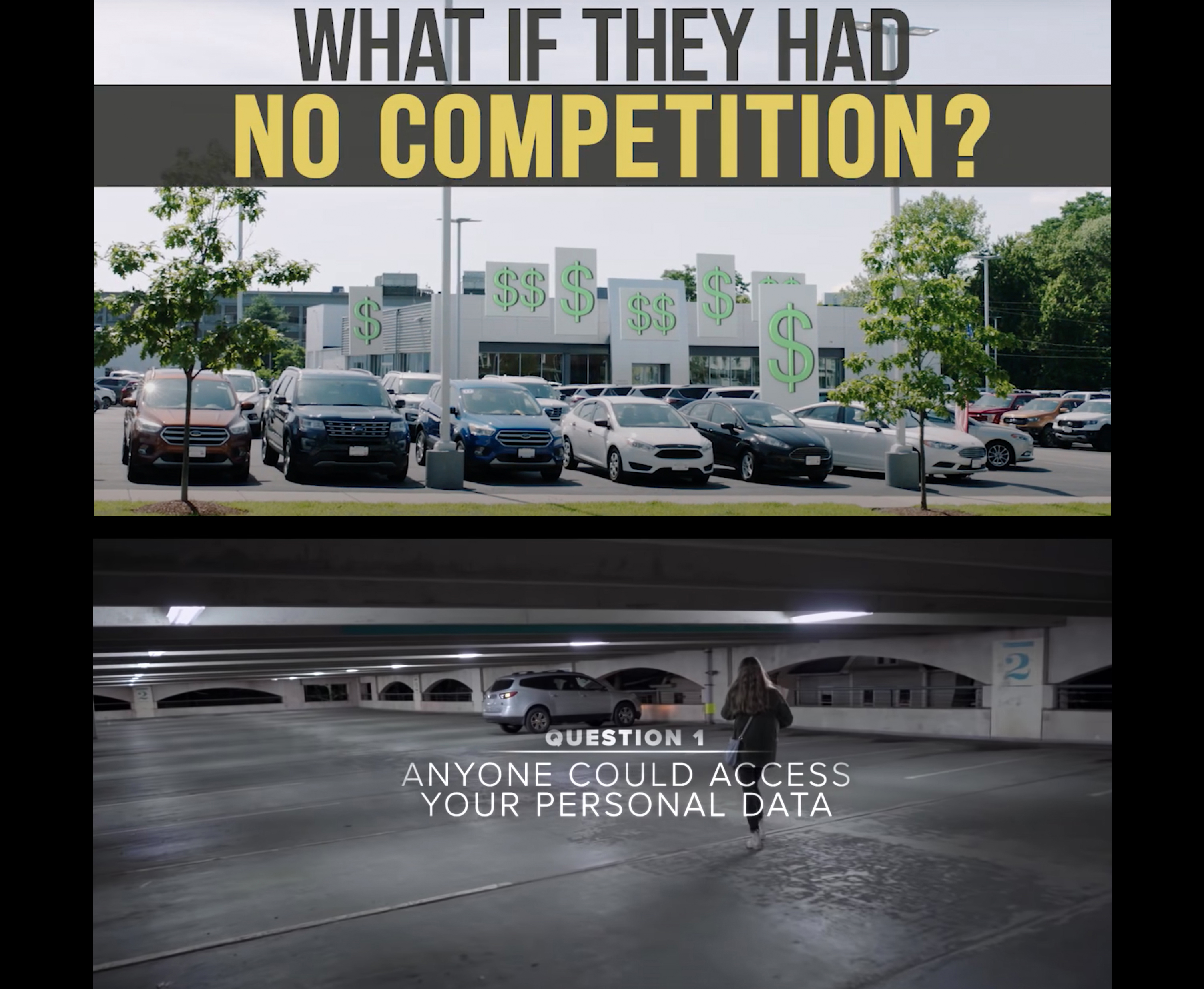 Are you scared yet? A screengrab from a Yes on Question 1 television ad (top) and a No on Question 1 ad. The ballot initiative seeks to expand the state's Right to Repair law.