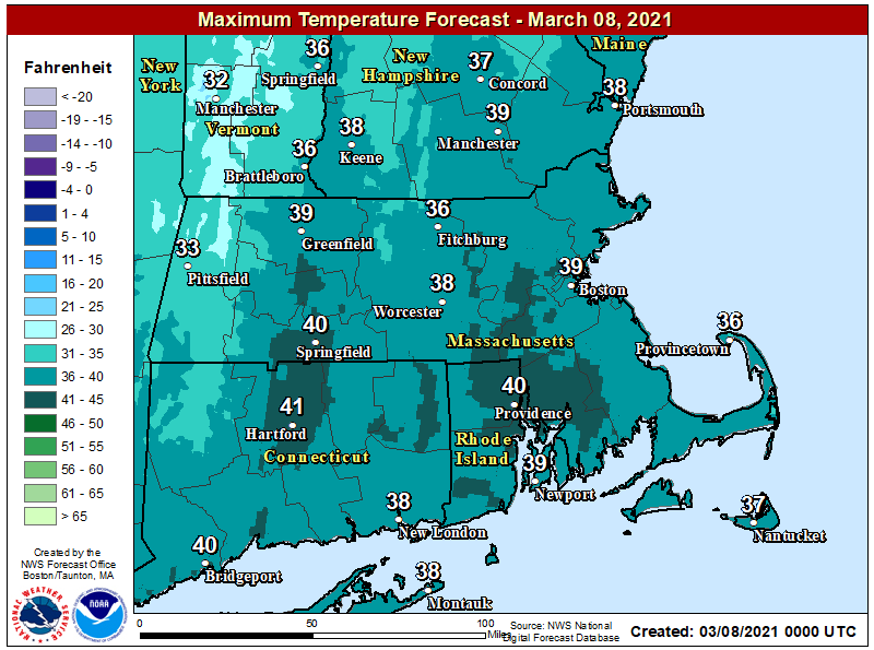 Highs Monday will reach near 40 degrees in the afternoon.