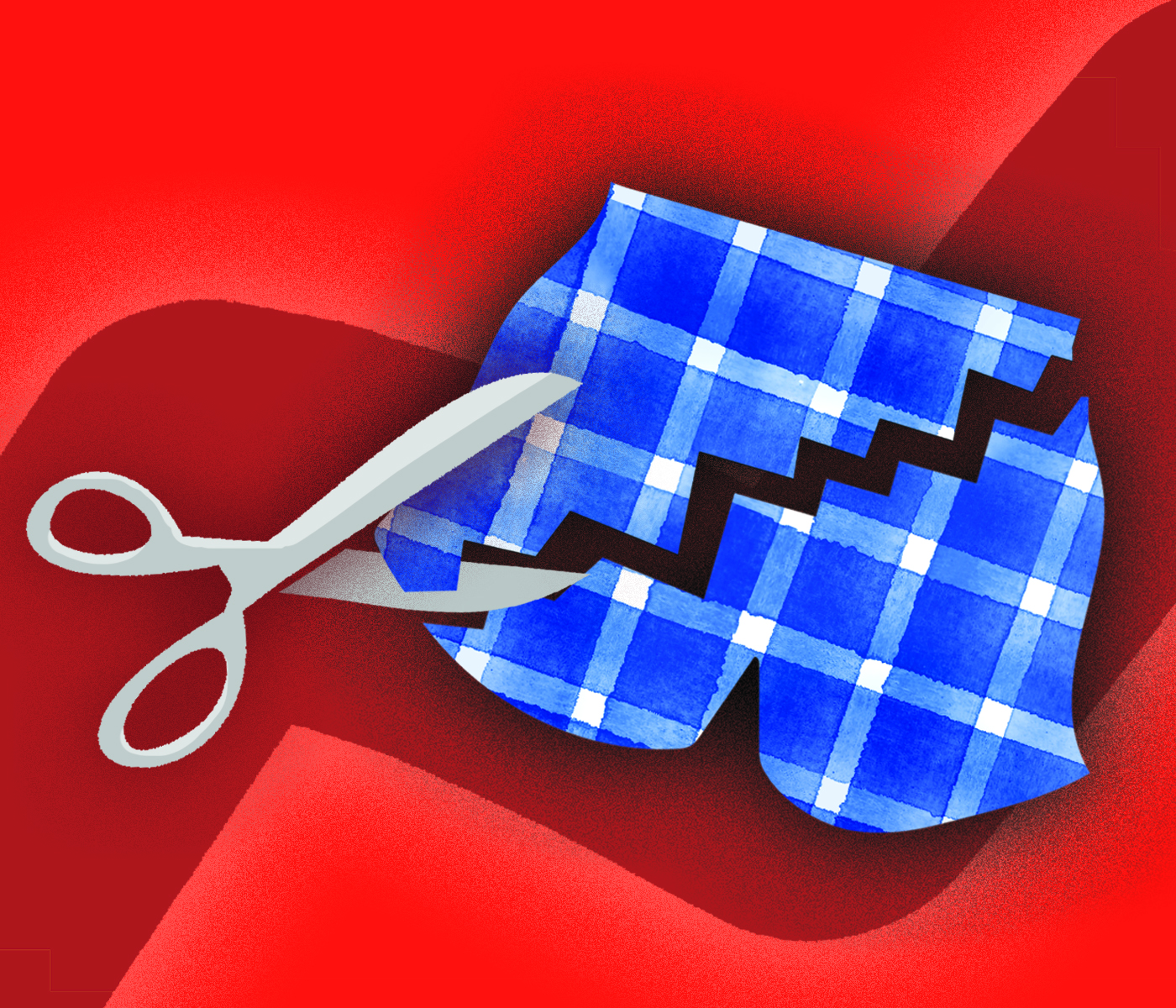 An illustration of a pair of scissors cutting through a pair of blue and white checked boxer shorts.