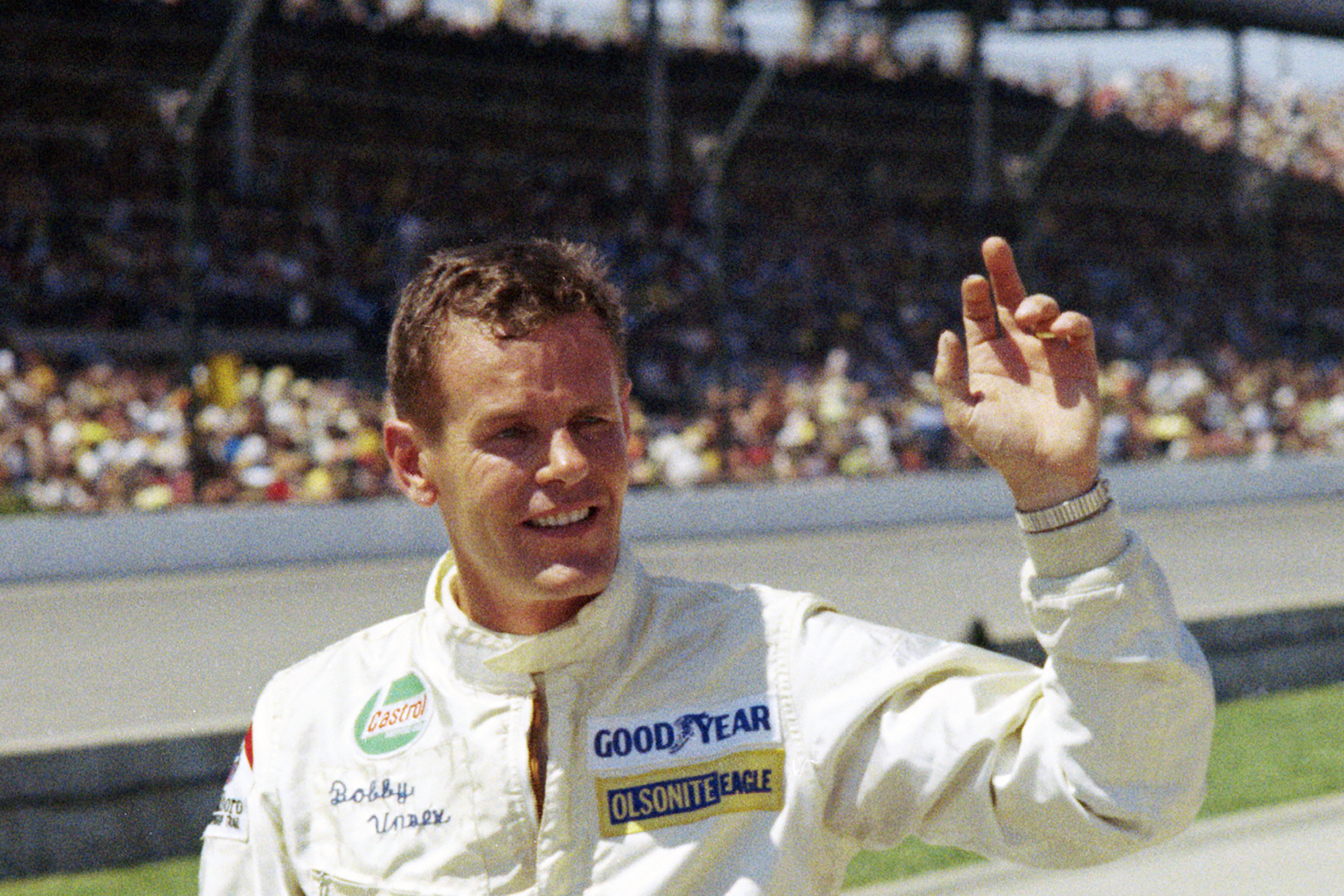 Bobby Unser acknowledged the crowd at the 1971 Indianapolis 500.