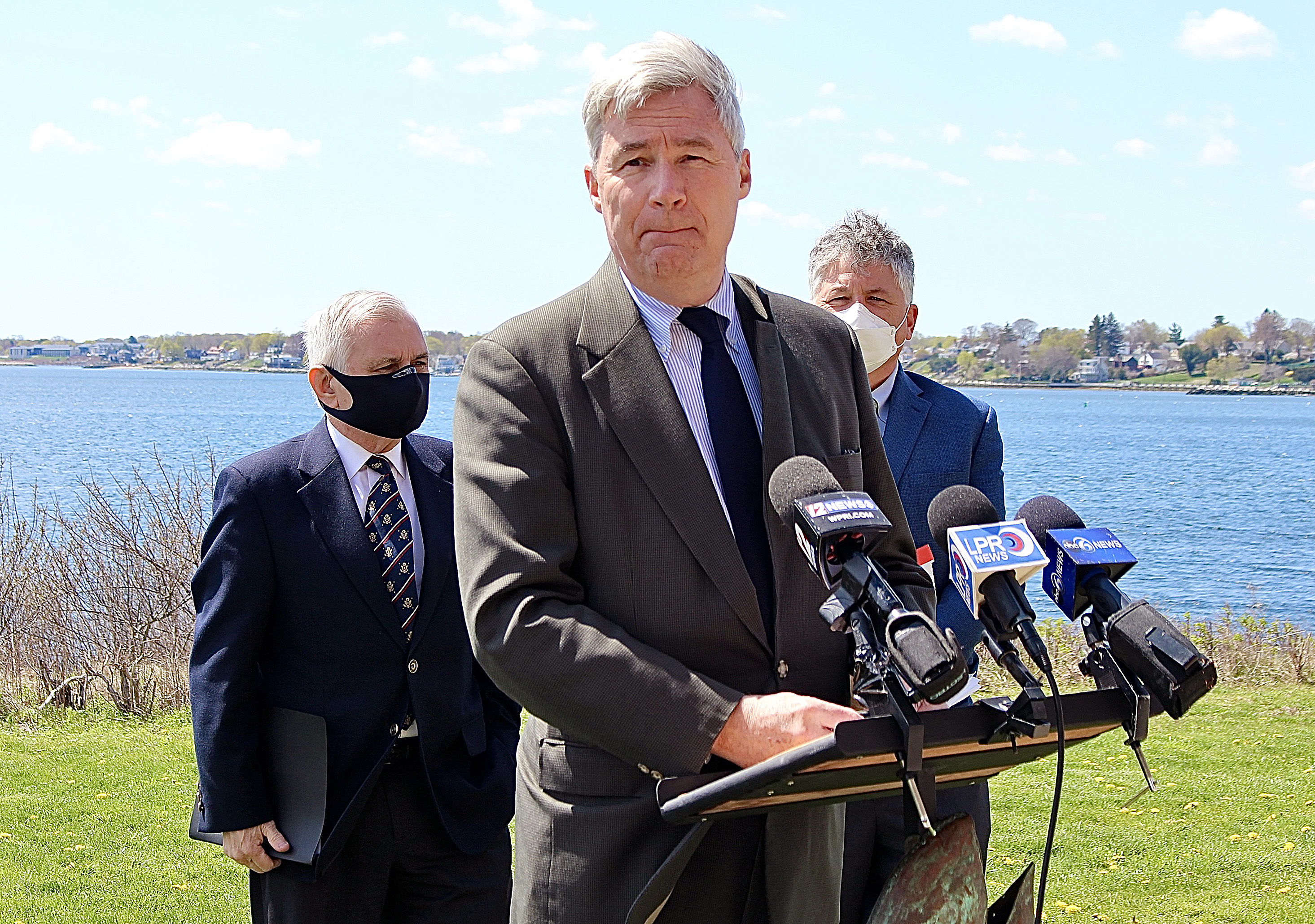 US Sheldon Whitehouse speaks during a June 23 news conference with Senator Jack Reed, calling on Congress to put clean water upgrades in a new infrastructure bill.