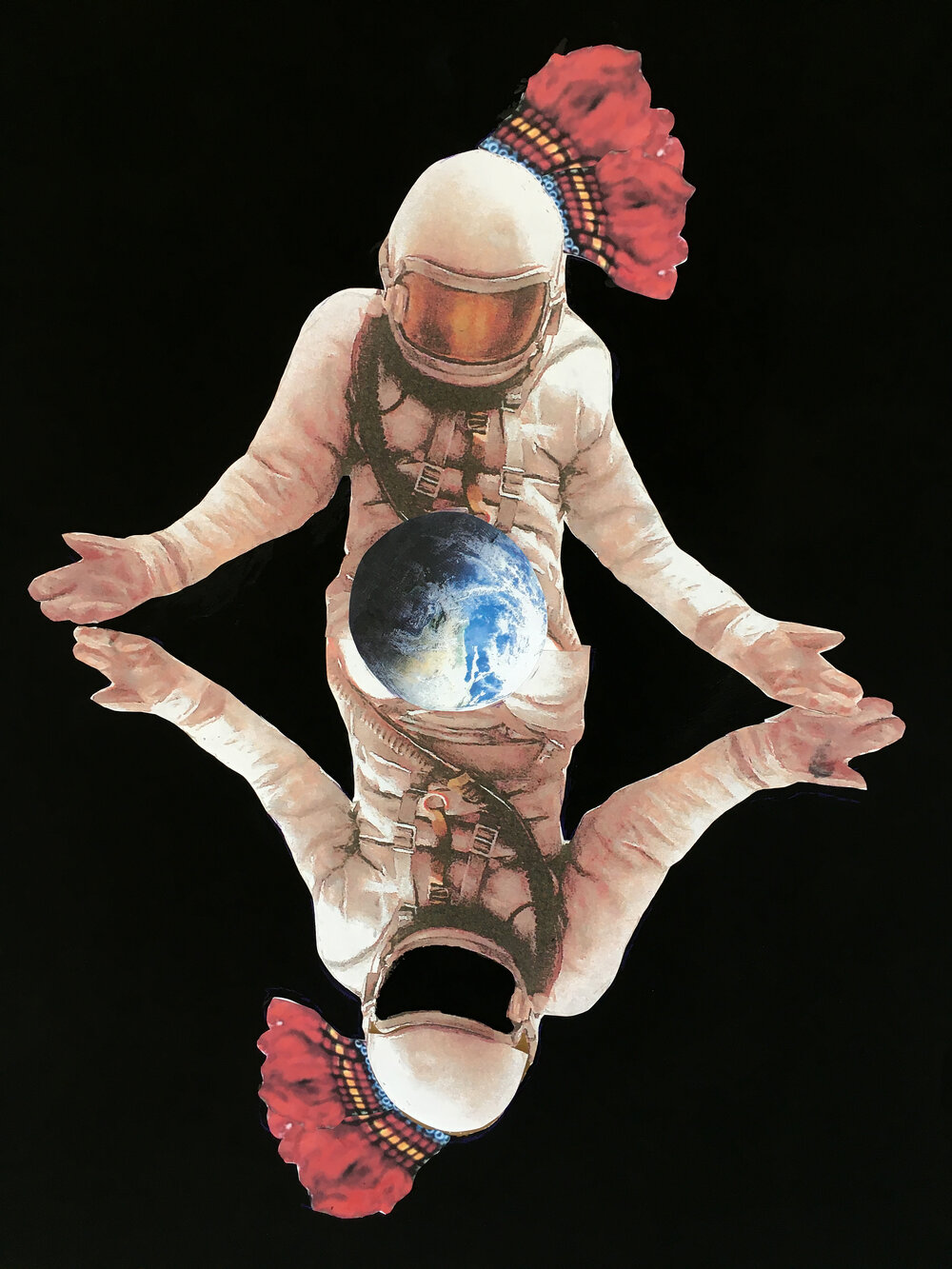 James Ari Montford's "Two Black Indians in Space play ball" is part of "James Ari Montford: Indigenous Voice" at Howard Yezerski Gallery.