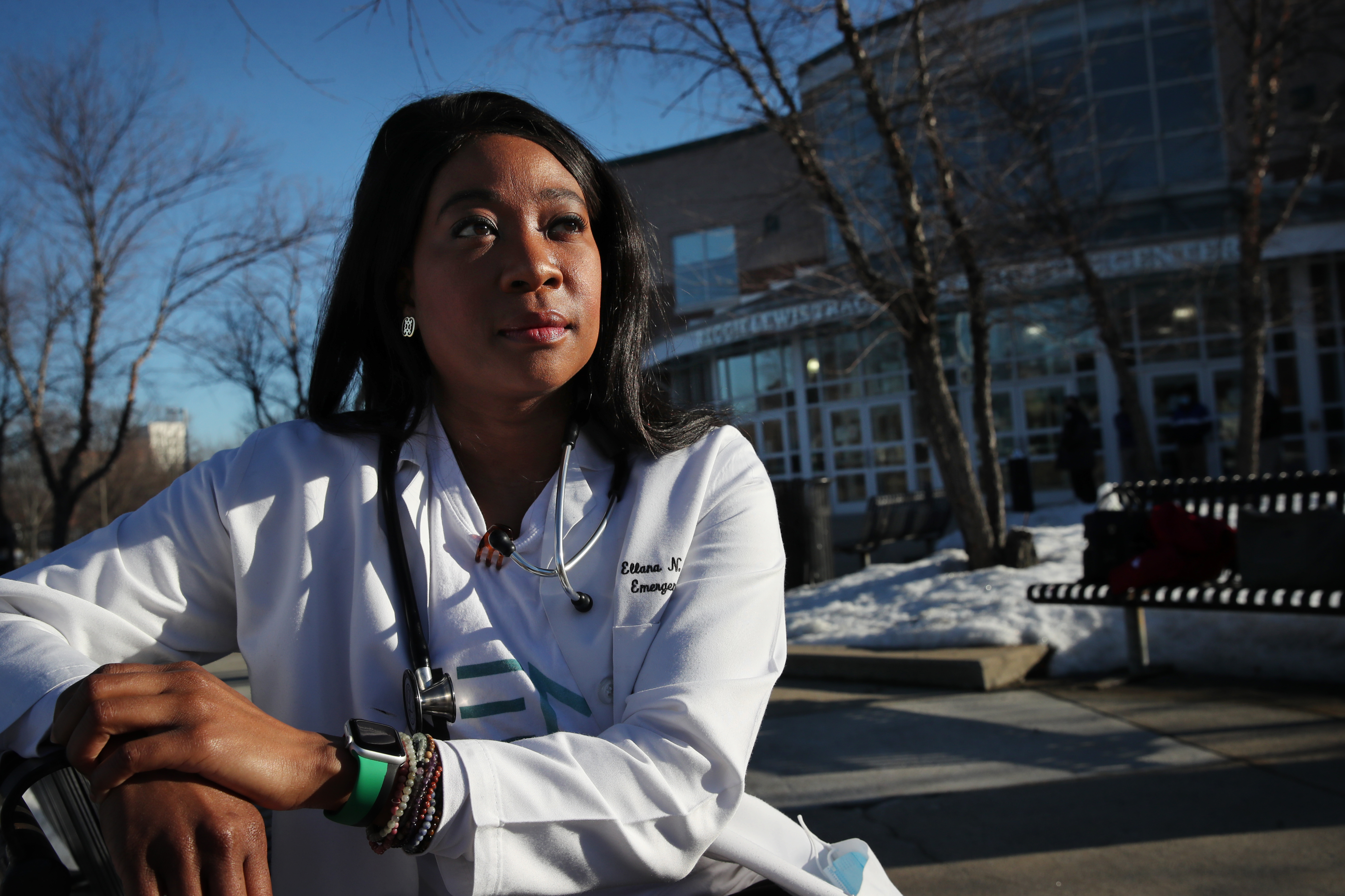Dr. Ellana Stinson poses for a portrait outside the Reggie Lewis Track and Athletic Center in Roxbury on Feb. 24, 2021. (Craig F. Walker/Globe Staff)