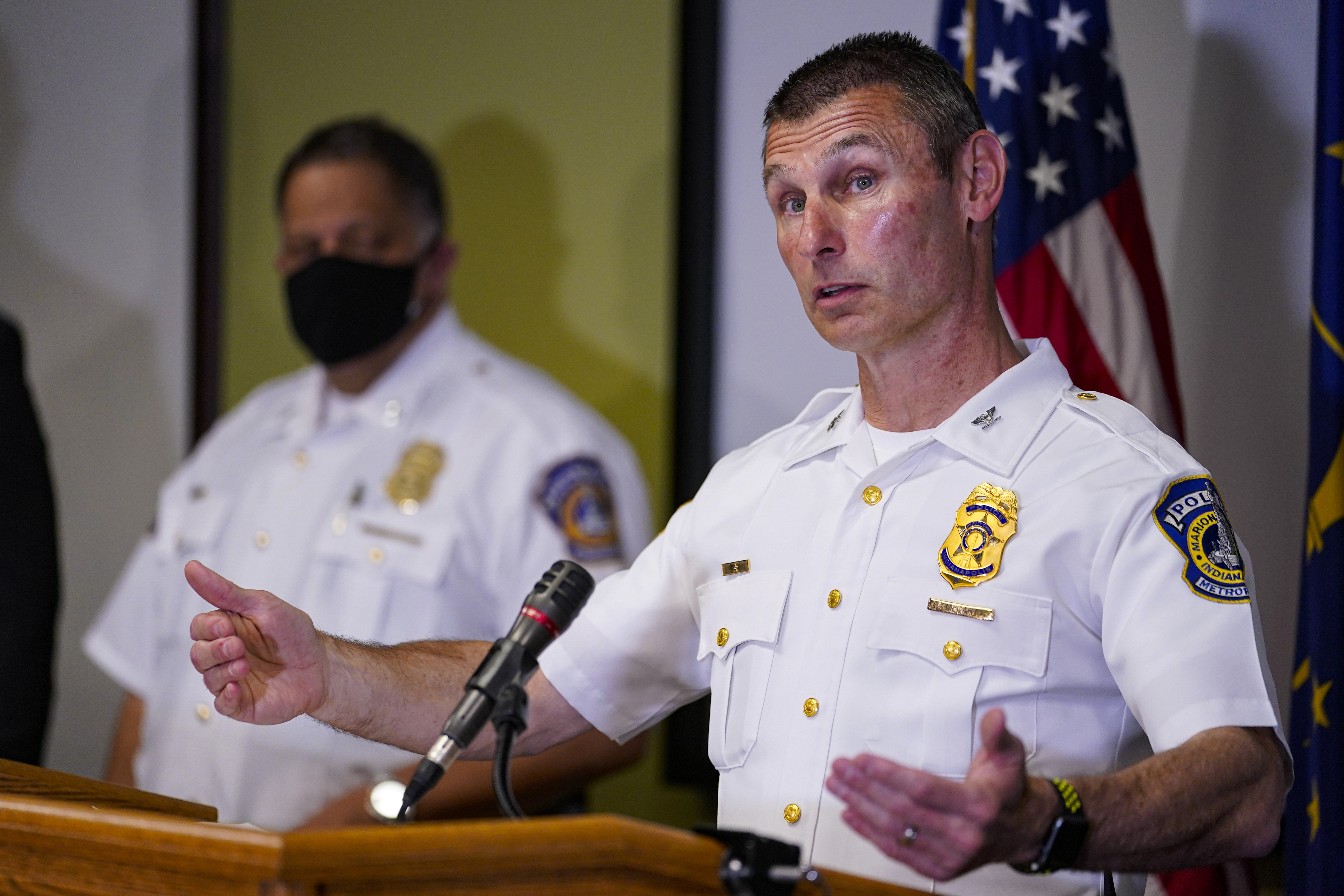 Deputy Chief Craig McCartt of the Indianapolis Metropolitan Police Department speaks at a news conference about the shooting at a FedEx facility in Indianapolis, Friday, April 16, 2021.