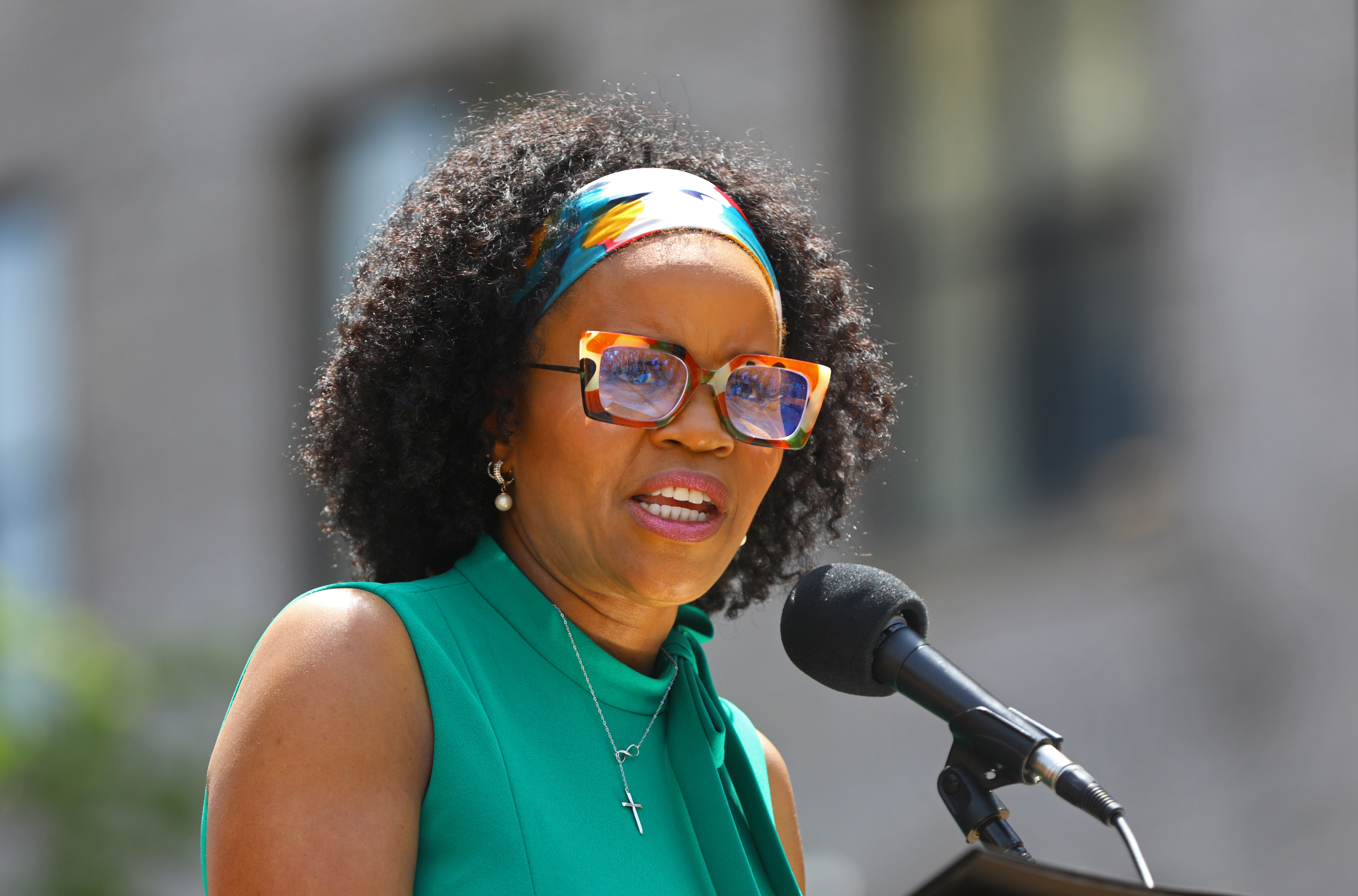 Acting Mayor Kim Janey at City Hall Plaza during a ceremony to mark the start of National Caribbean-American Heritage Month on Wednesday.
