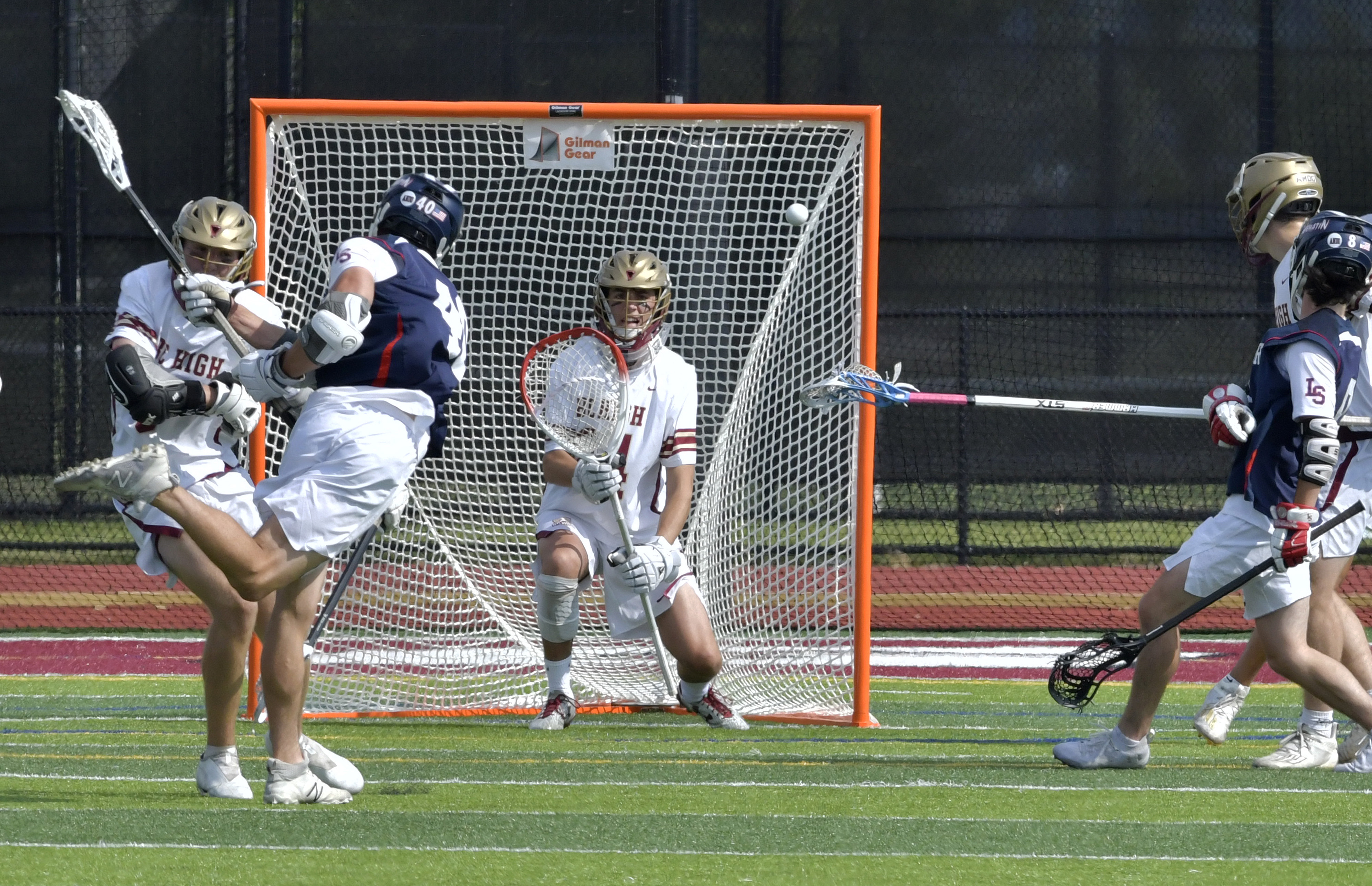Lincoln-Sudbury's Hayden Donley (40) rips a shot past BC High goalie Jamie Horton.