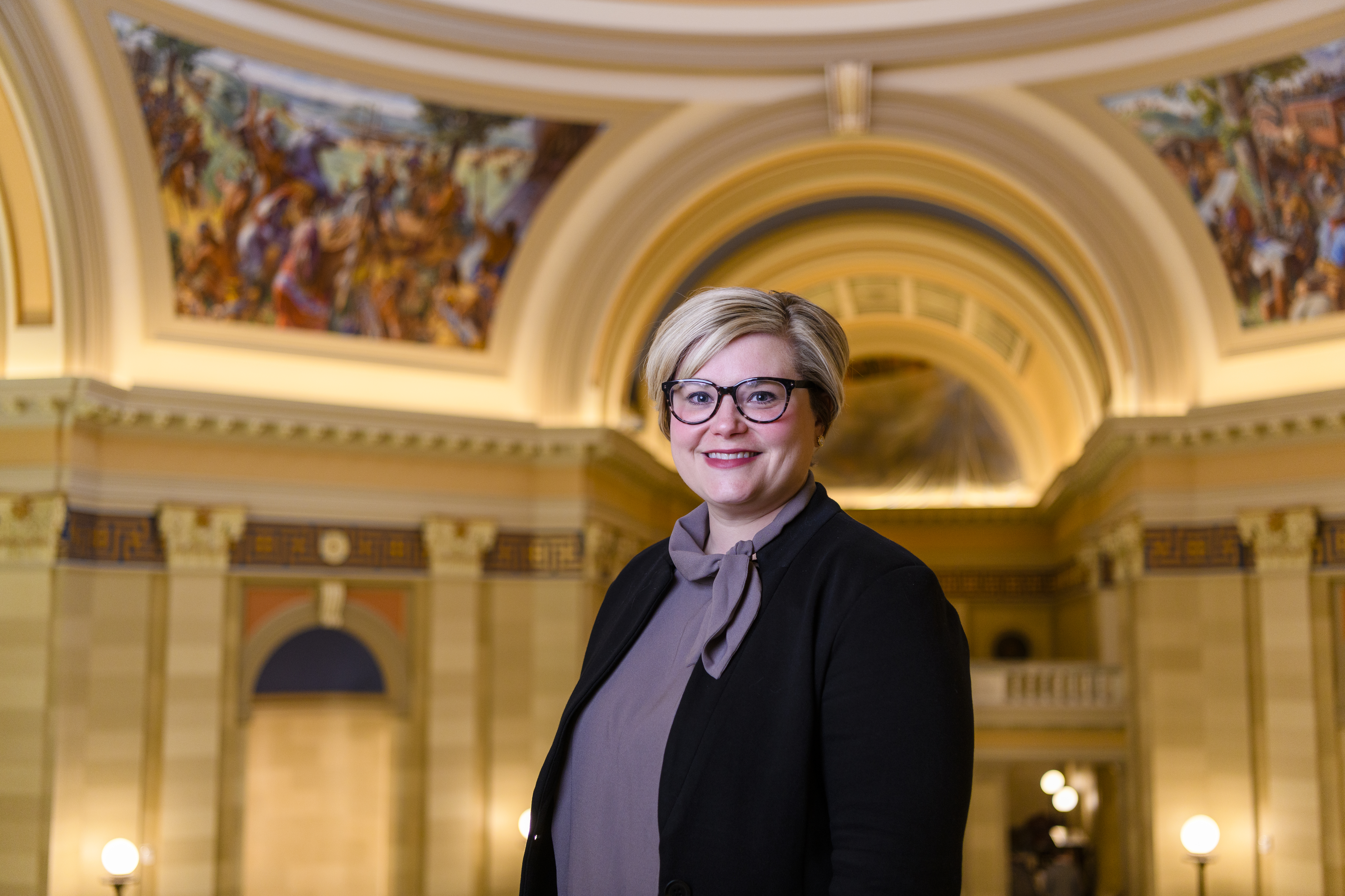 Emily Virgin, a Democrat and minority leader in the Oklahoma House of Representatives, in the rotunda of the state capitol building on Feb. 24.