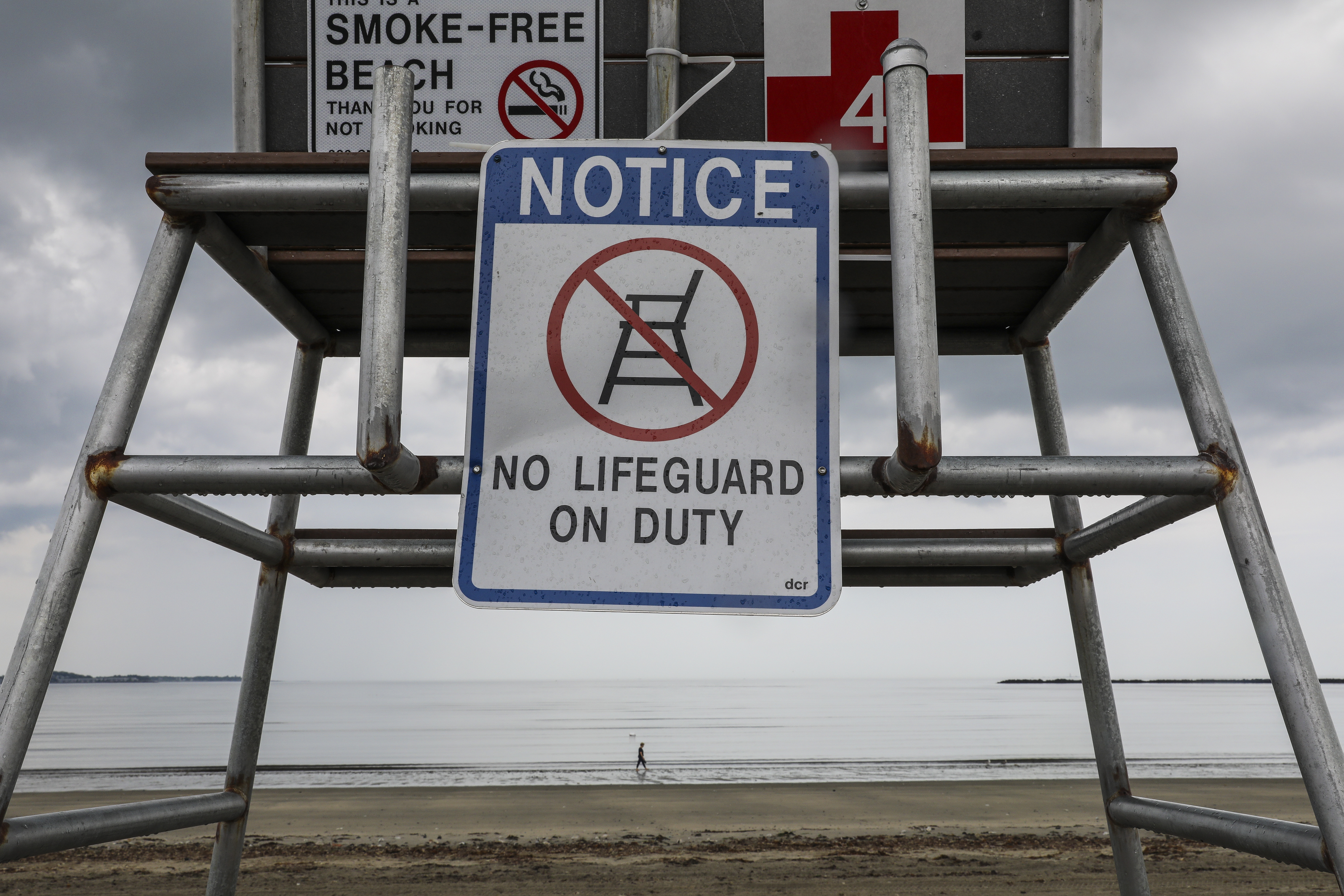 A lifeguard stand sat empty at Revere Beach.