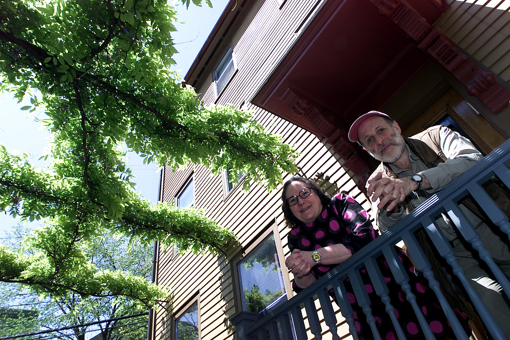 Ms. Dorfman and her husband, Harvey Silverglate, above their arbor of wisteria at their home in Cambridge.