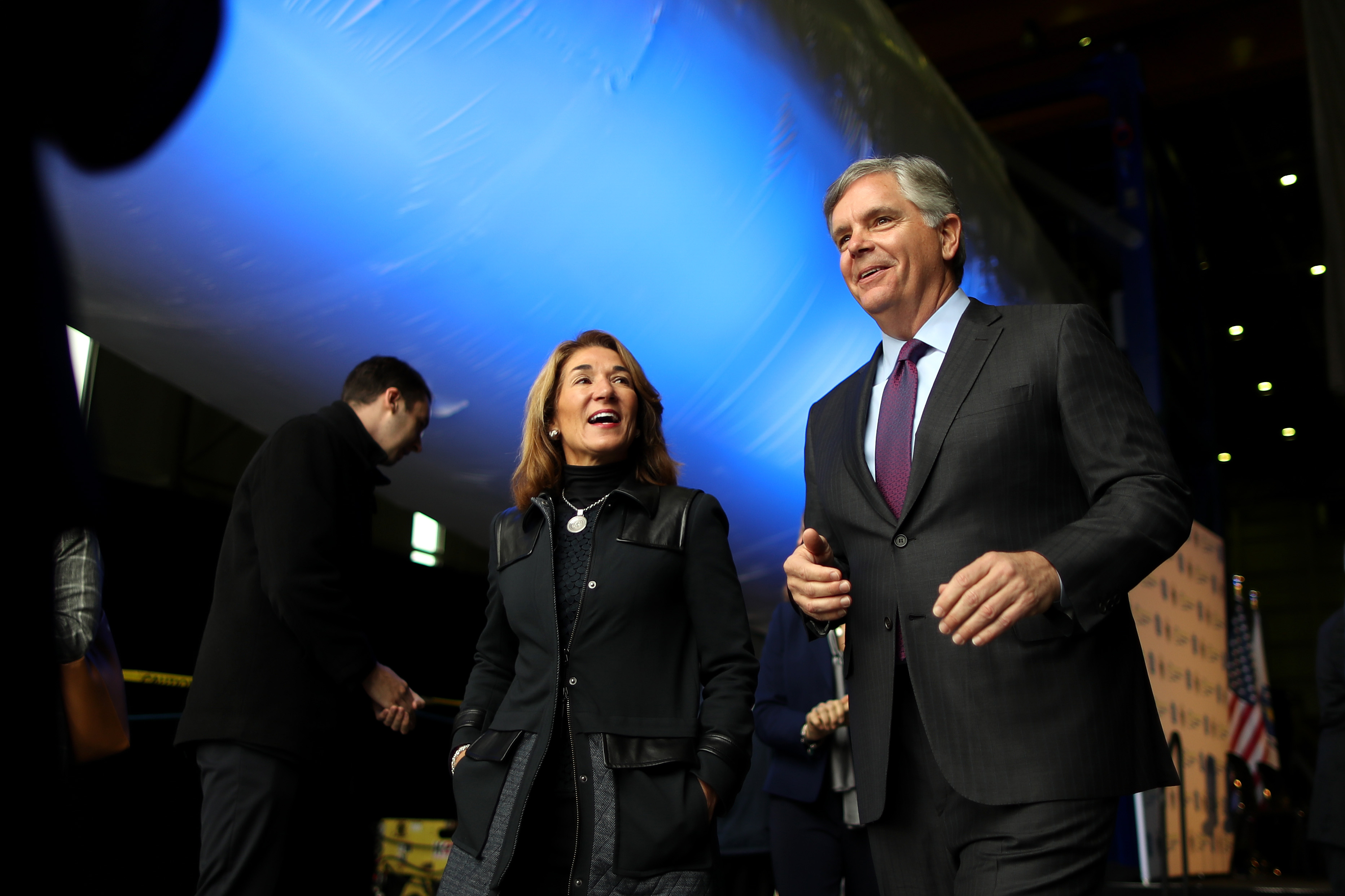  Lieutenant Governor Karyn Polito spoke with General Electric CEO Larry Culp as General Electric unveiled the world's largest offshore wind turbine blade at a wind testing facility in Charlestown in 2019. 