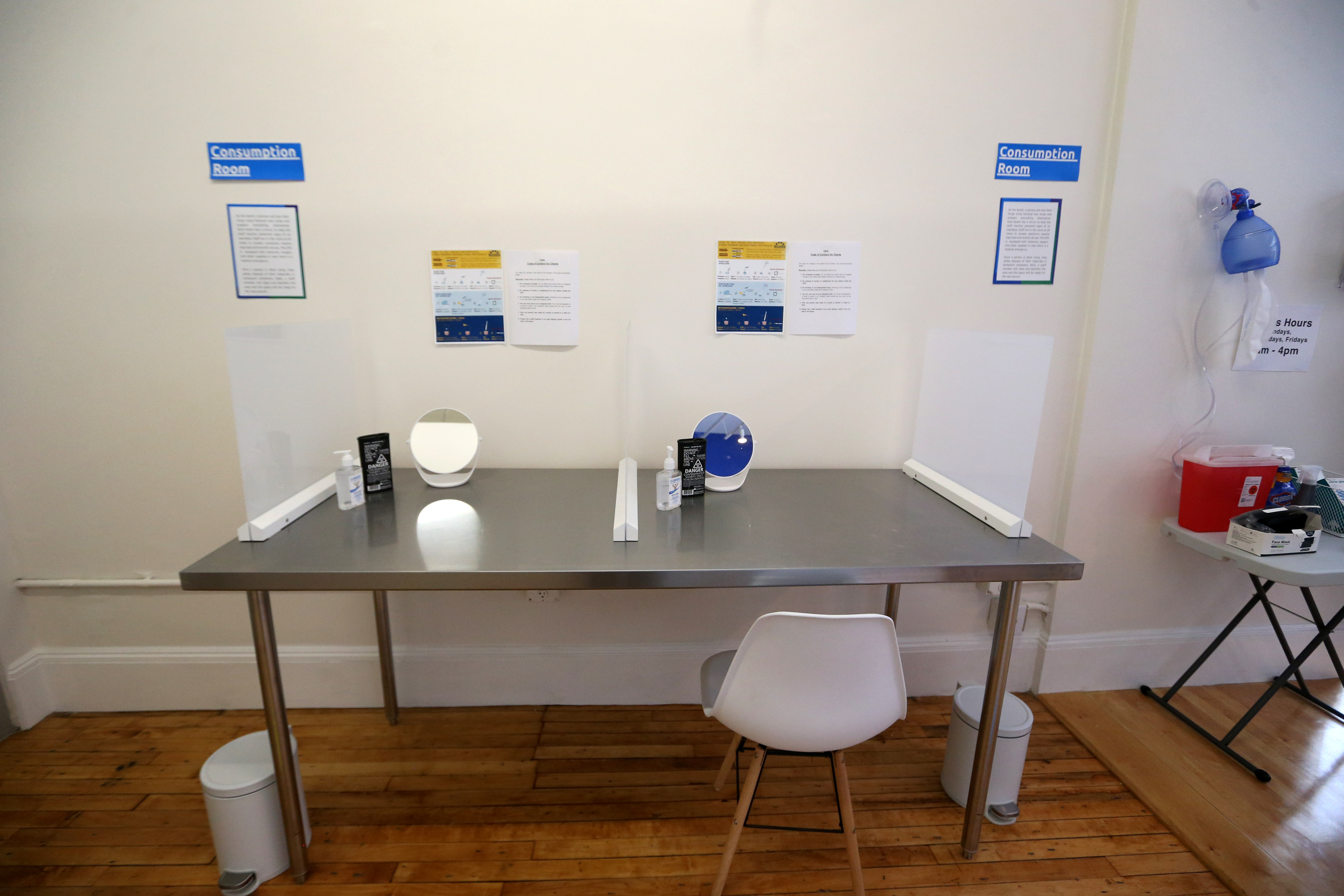 The drug consumption room at a Providence exhibition showing what an overdose prevention site would look like.
