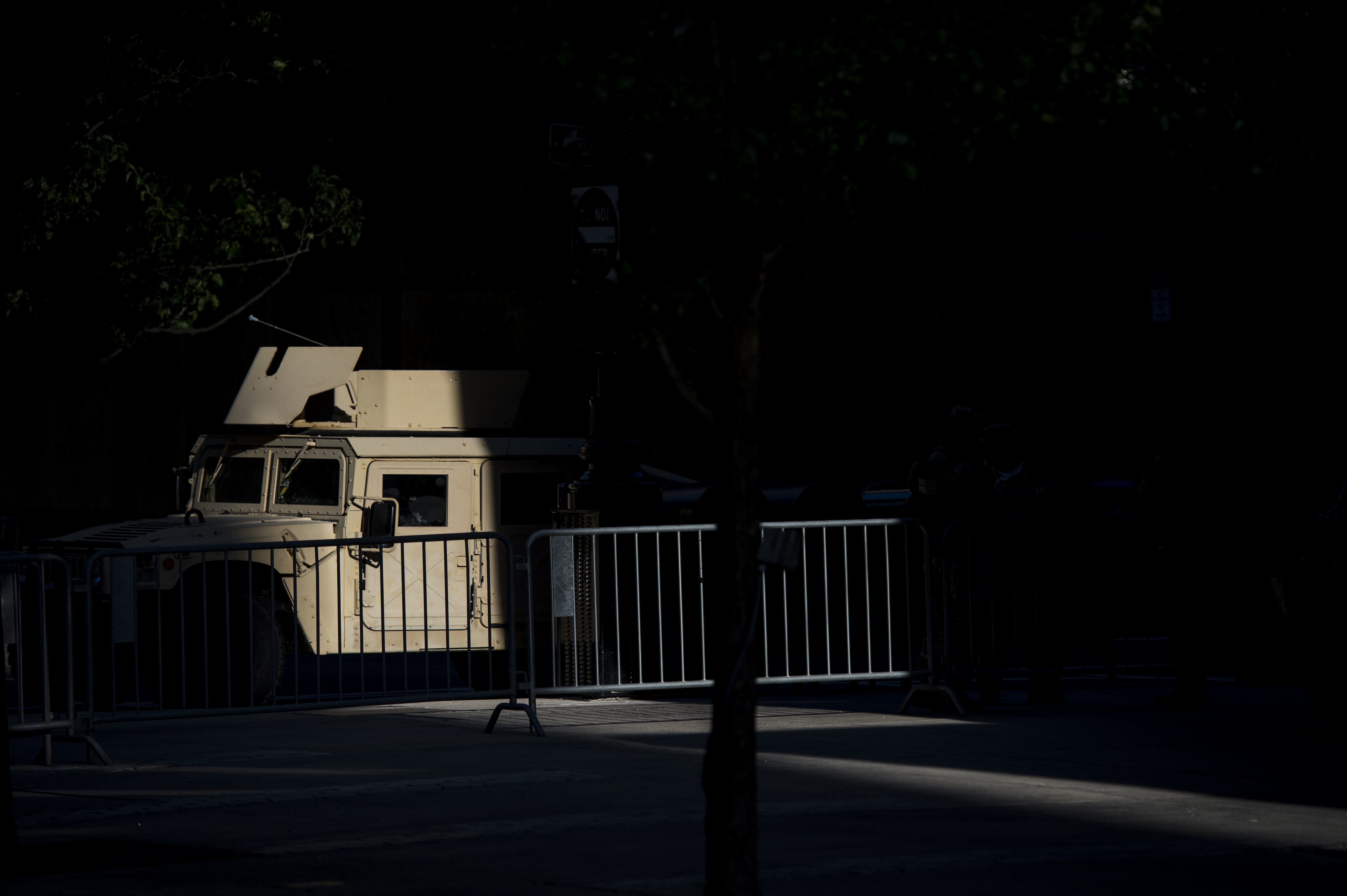 A National Guard Humvee on the corner of Avery and Washington streets.