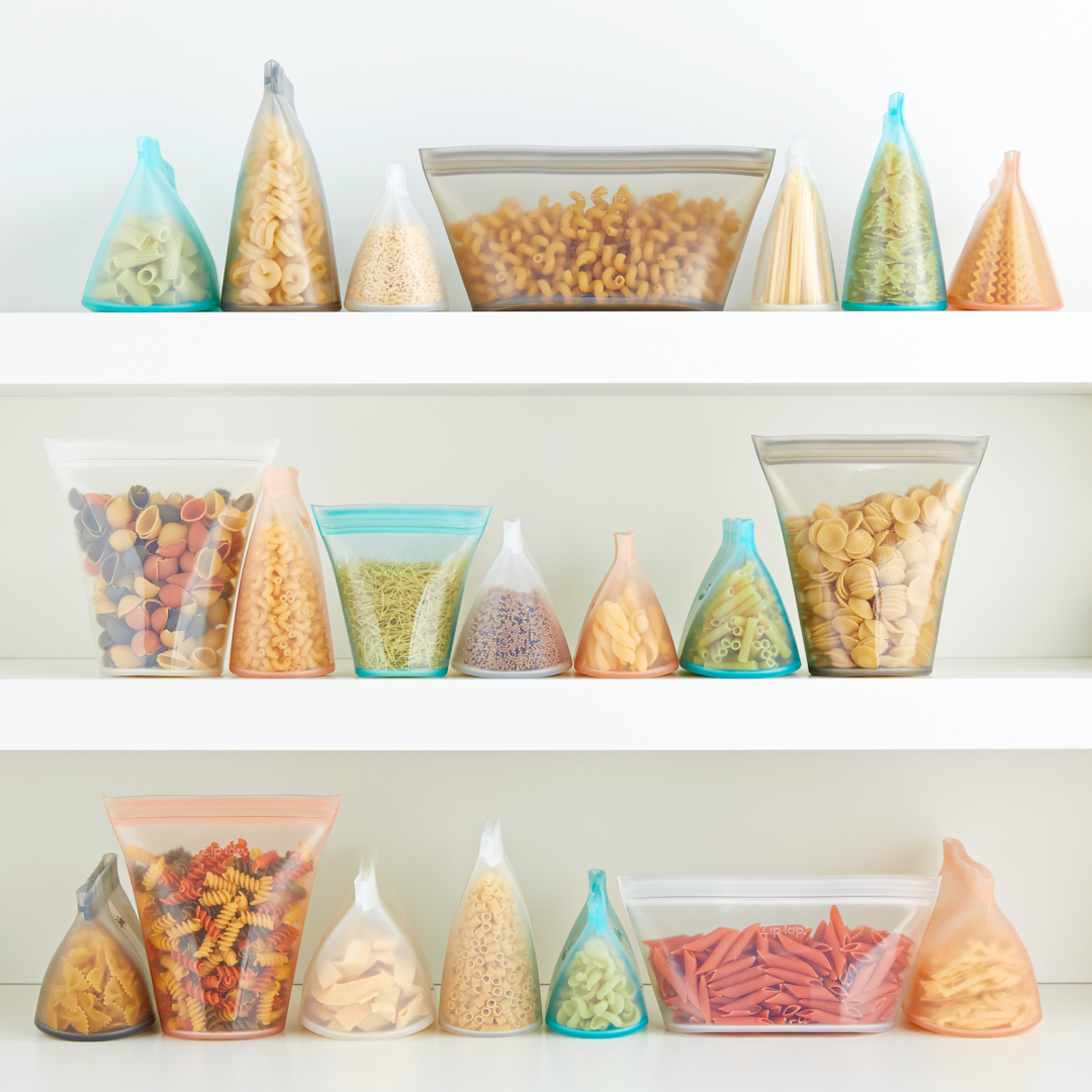 Zip Top Silicone Food Storage Bags stand up, stay open, and then zip shut.