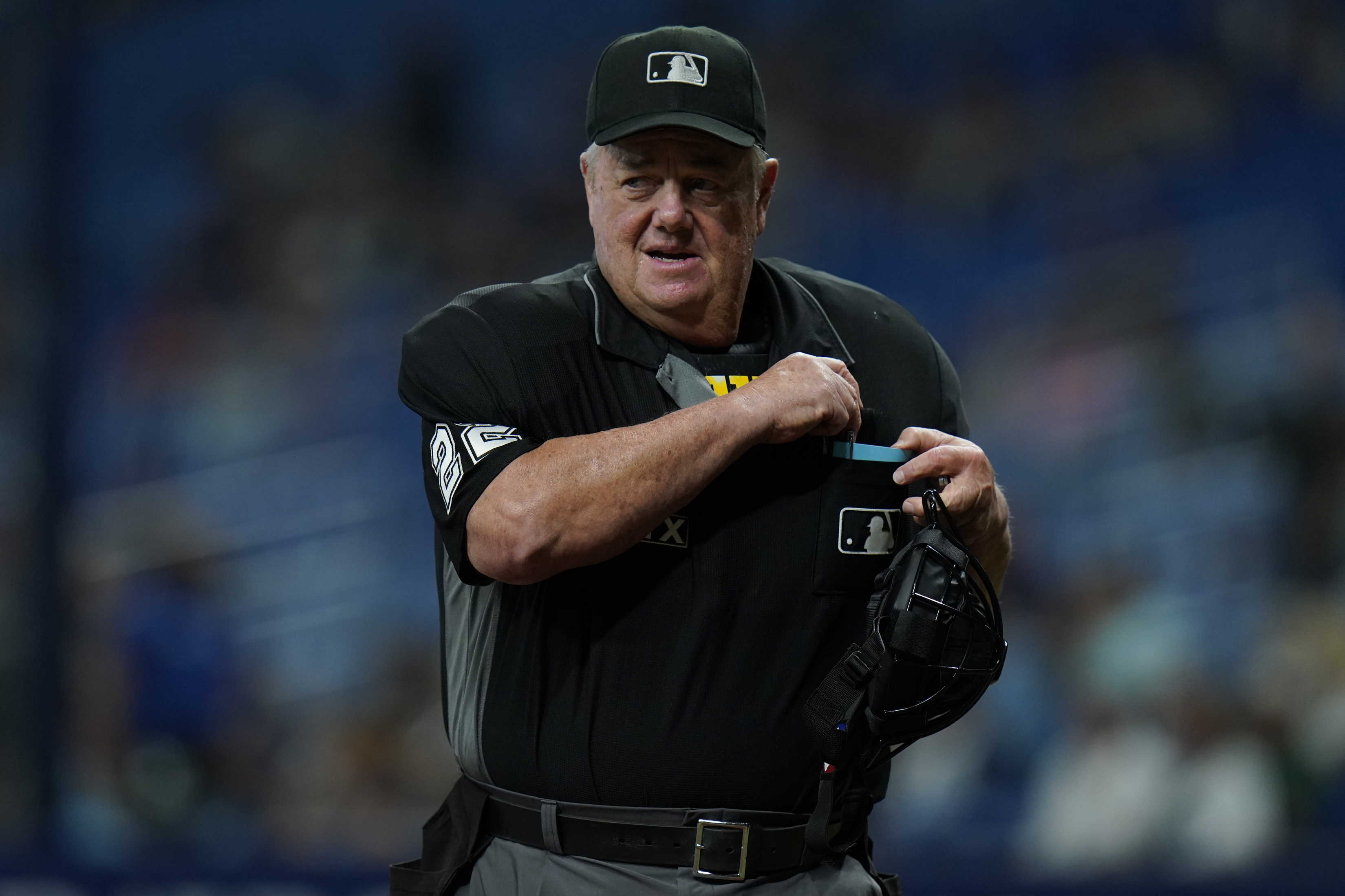 Umpire Joe West, shown at a recent Rays-Blue Jays game in Florida.