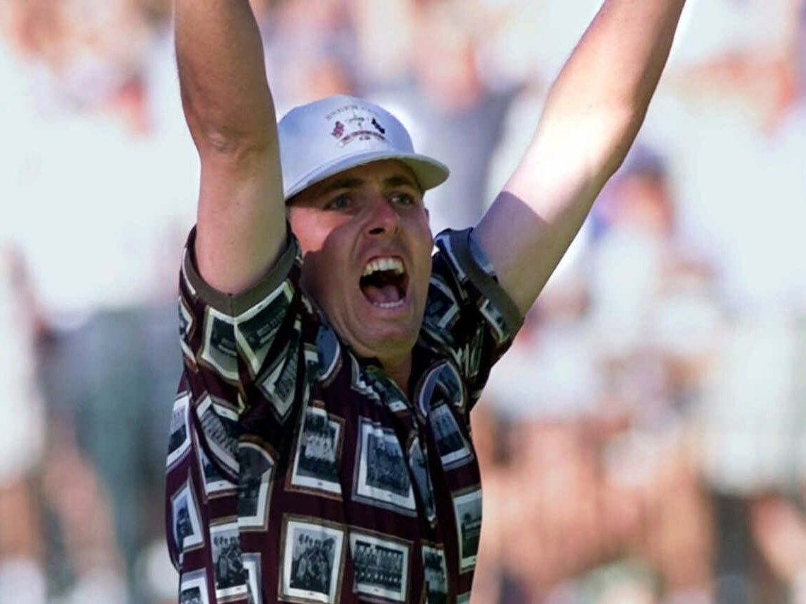 Justin Leonard erupts after his dramatic putt in the 1999 Ryder Cup.