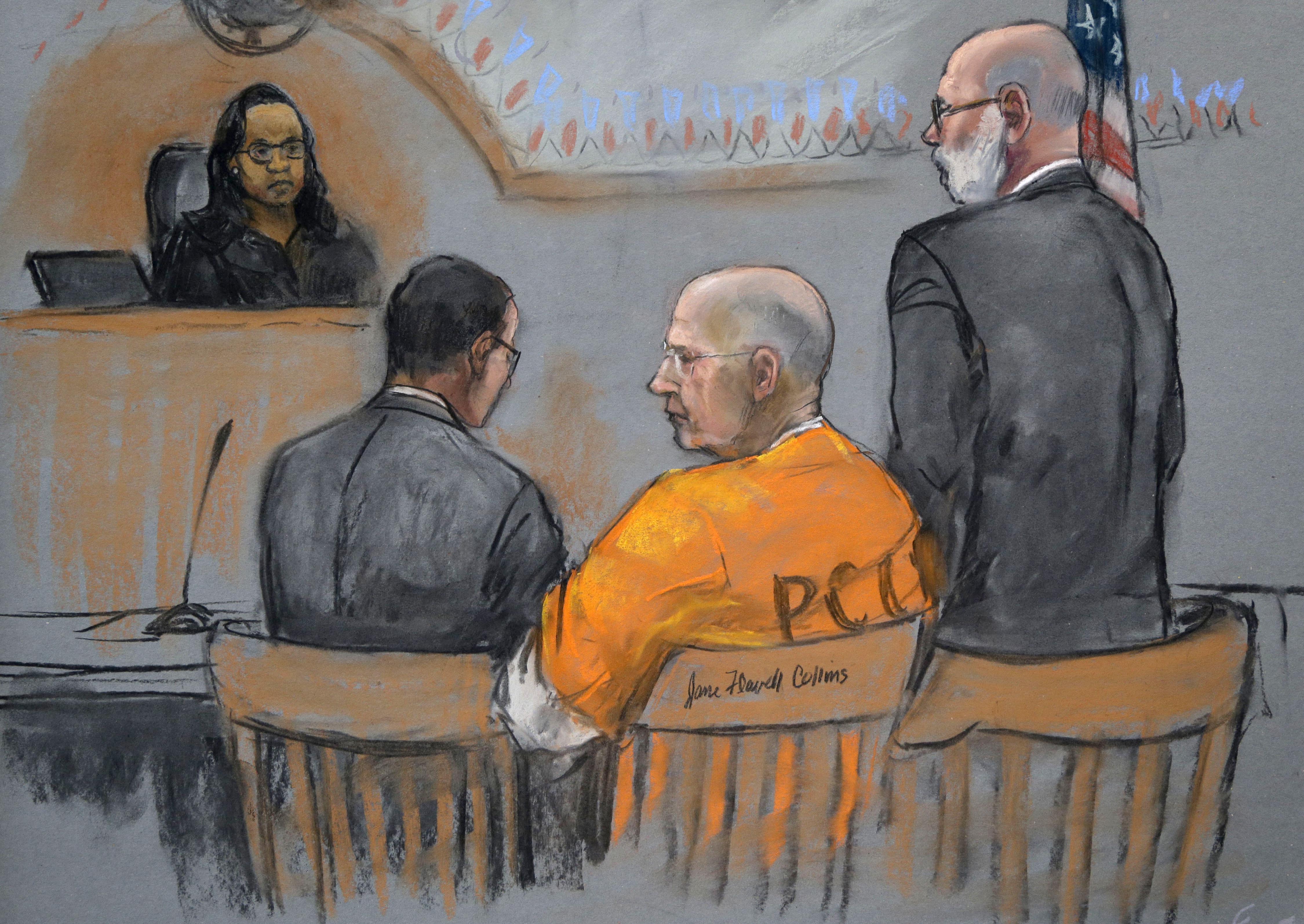 James “Whitey” Bulger, center, and attorney J.W. Carney Jr., right, at a pretrial conference before US District Judge Denise Casper.