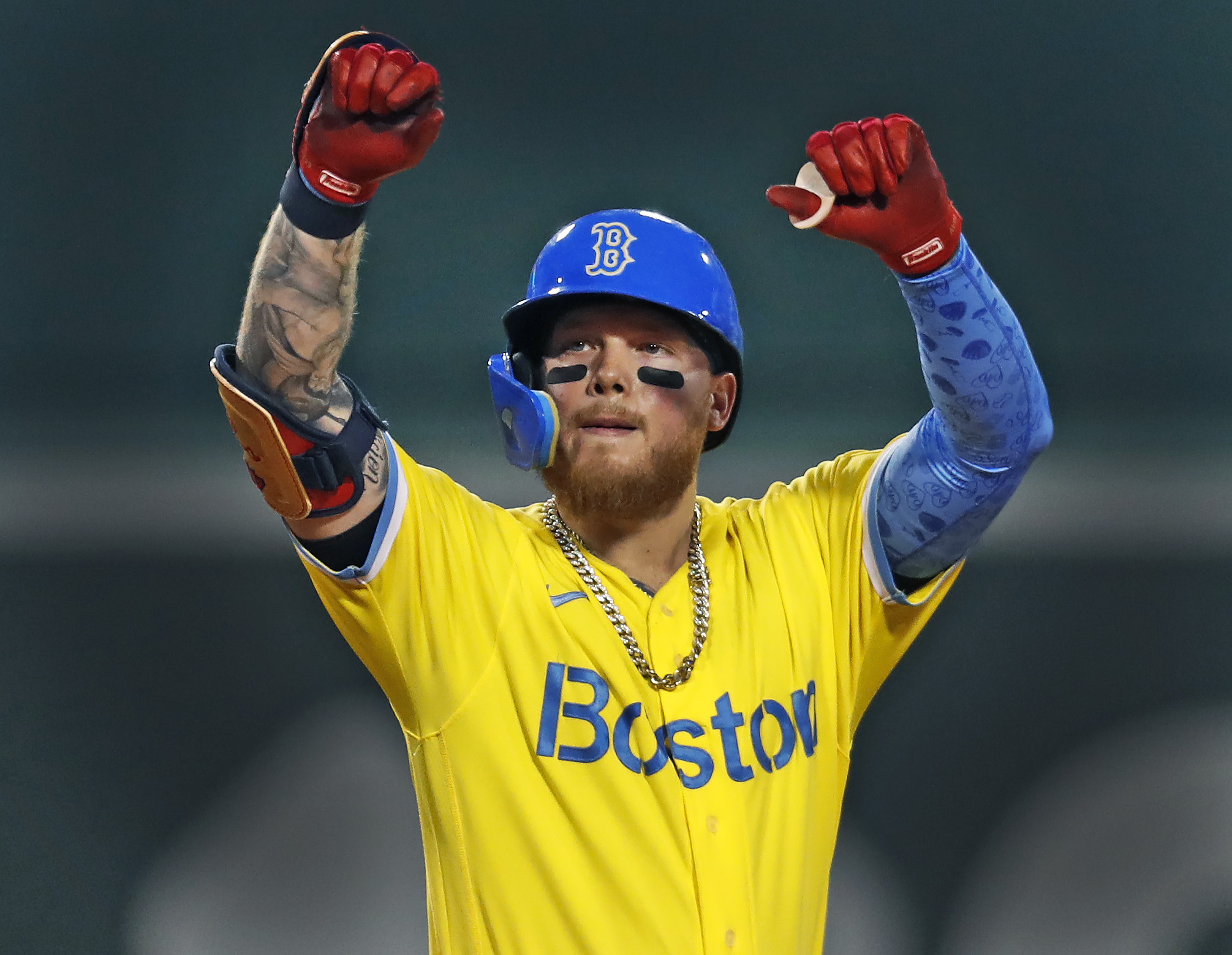 yellow blue red sox uniforms