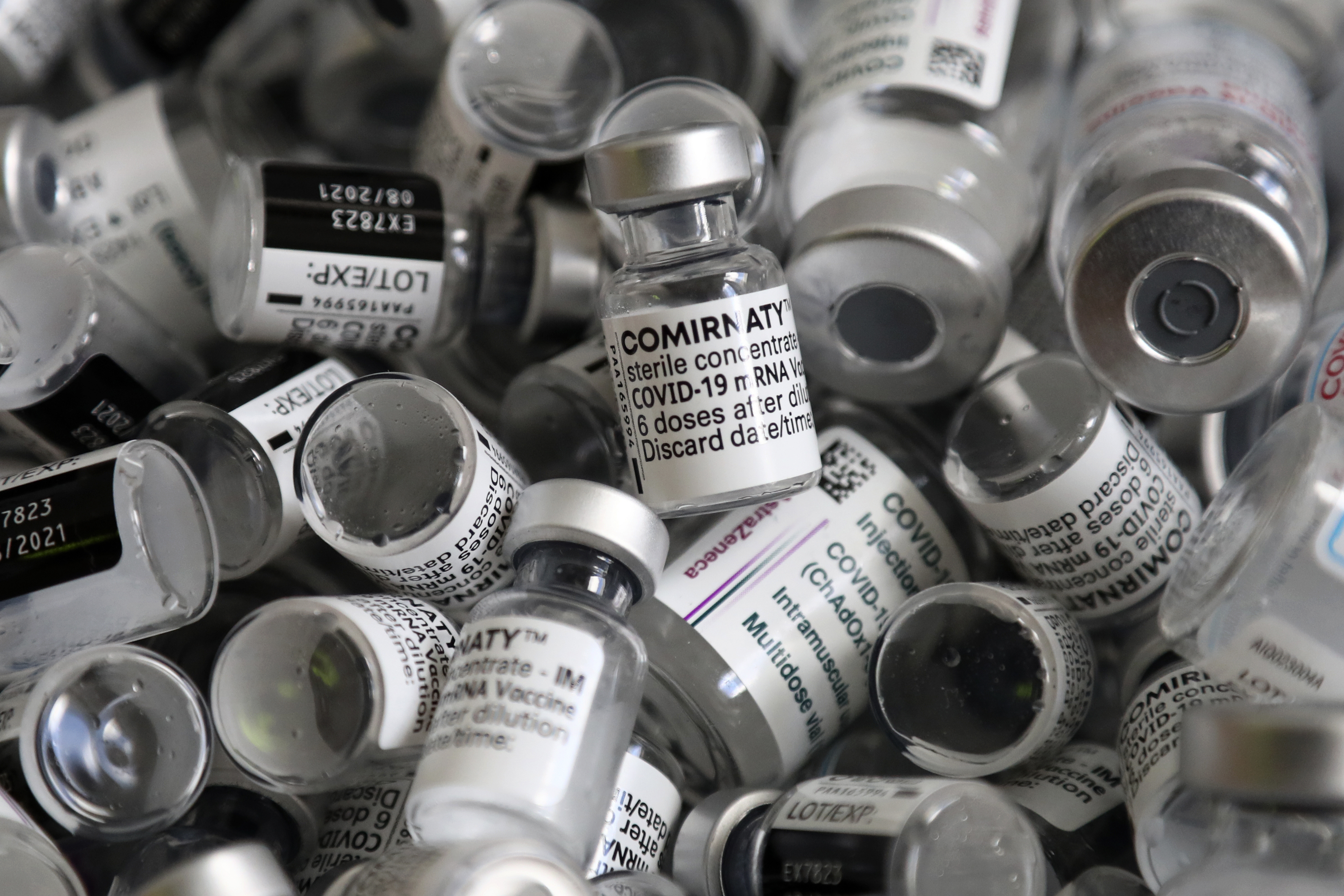 Empty vials of the Pfizer-BioNTech COVID-19 vaccine.
