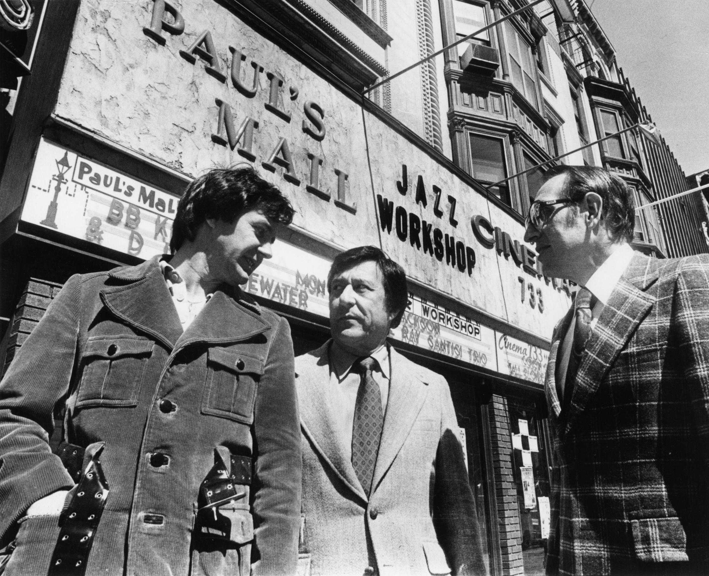 Fred Taylor (center, with John Cronin and Anthony Mauriello) outside the Jazz Workshop/Paul’s Mall in 1978.