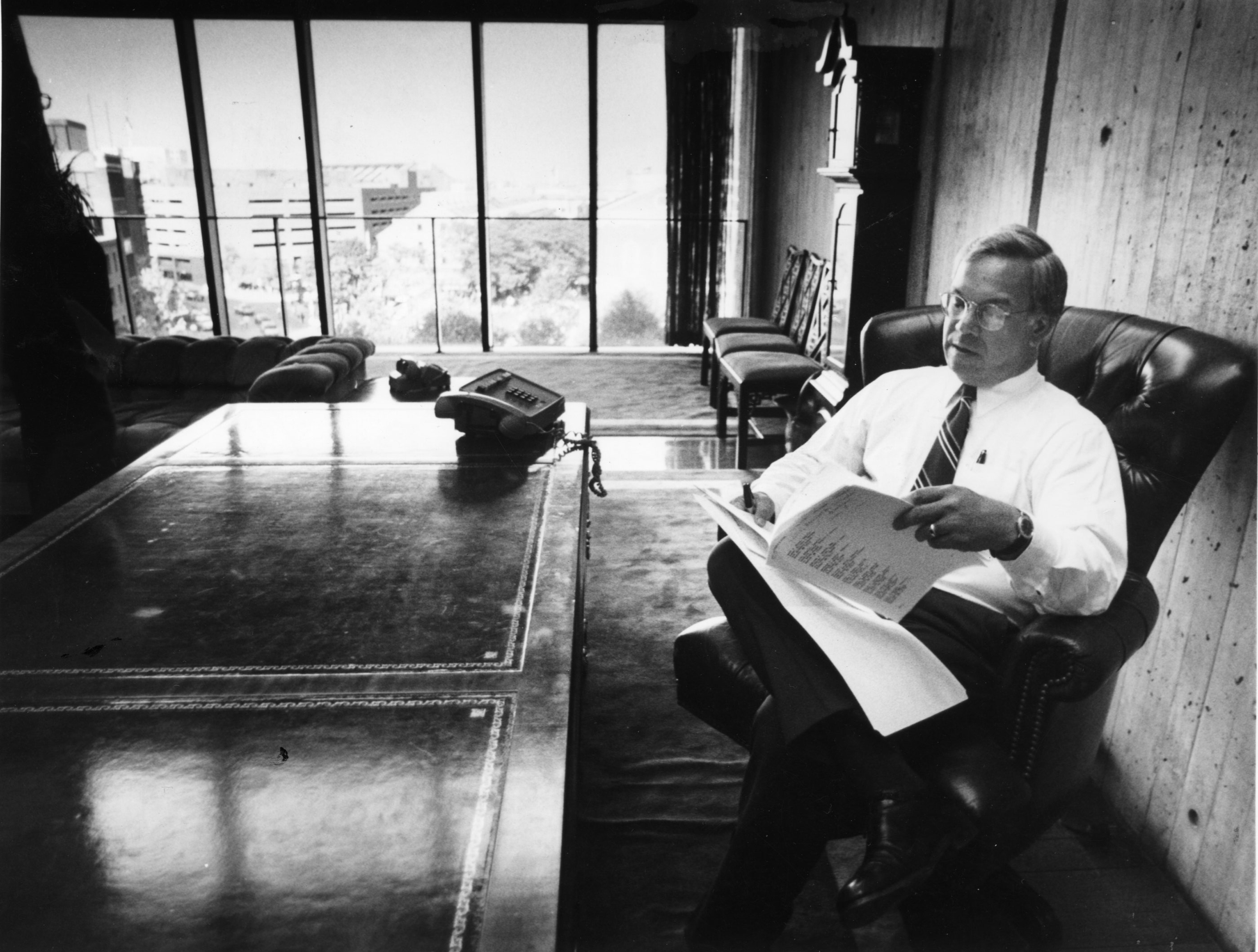 Tom Menino went through paperwork after being sworn in as acting mayor as Ray Flynn departed for Rome on July 12, 1993.