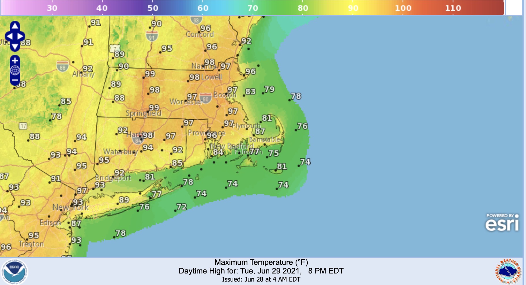 The highest temperatures expected for the region on Wednesday.