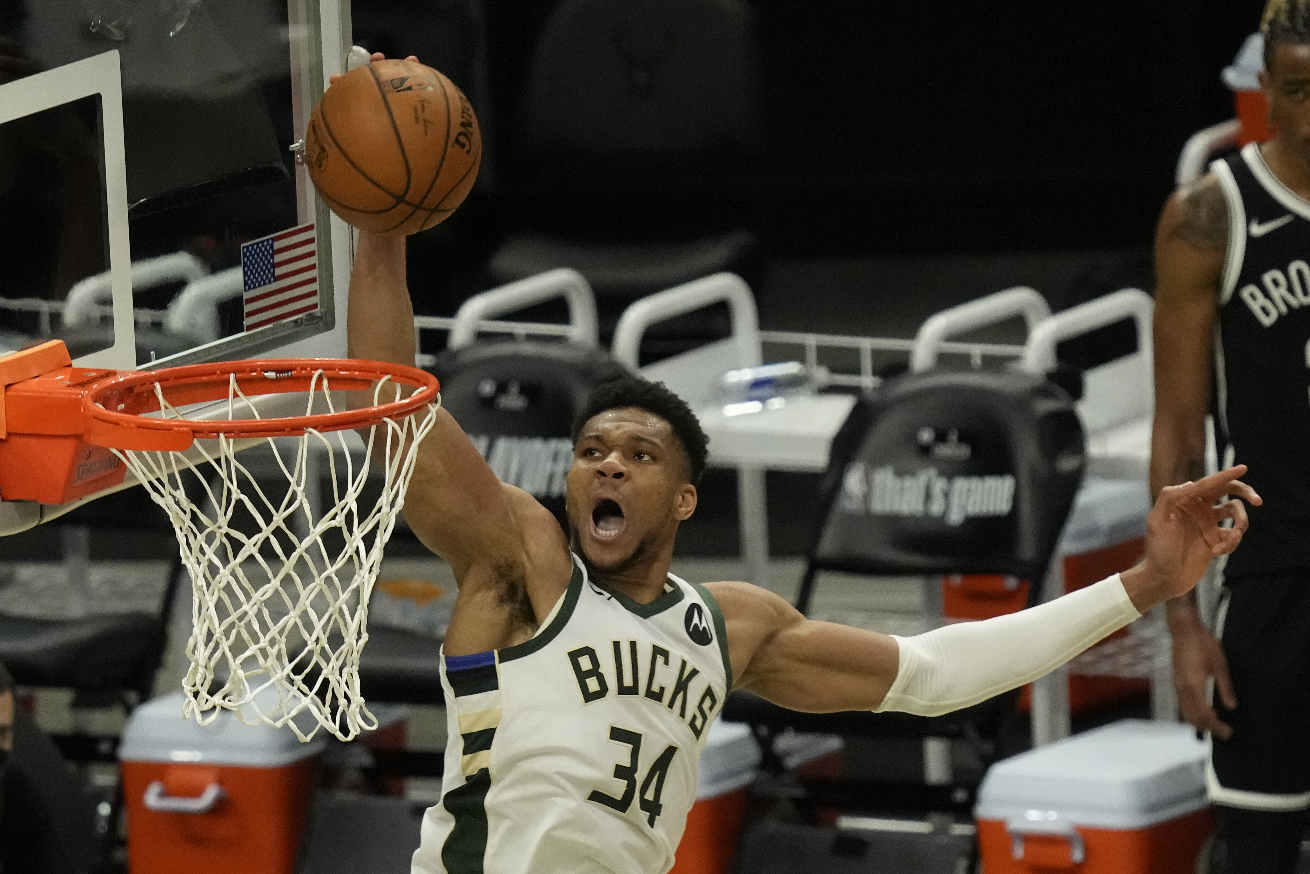 Giannis Antetokounmpo rises up for two of his 34 points Sunday.