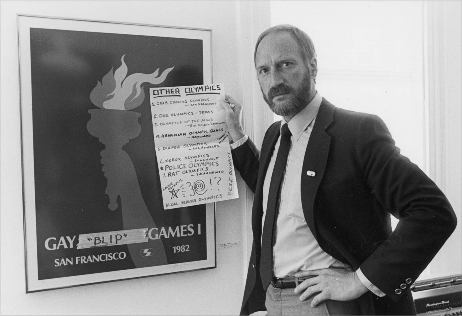 Tom Waddell in 1986, after losing his Supreme Court appeal to brand his athletic competition the Gay Olympic Games. He holds a list of other organizations that were allowed to do so.
