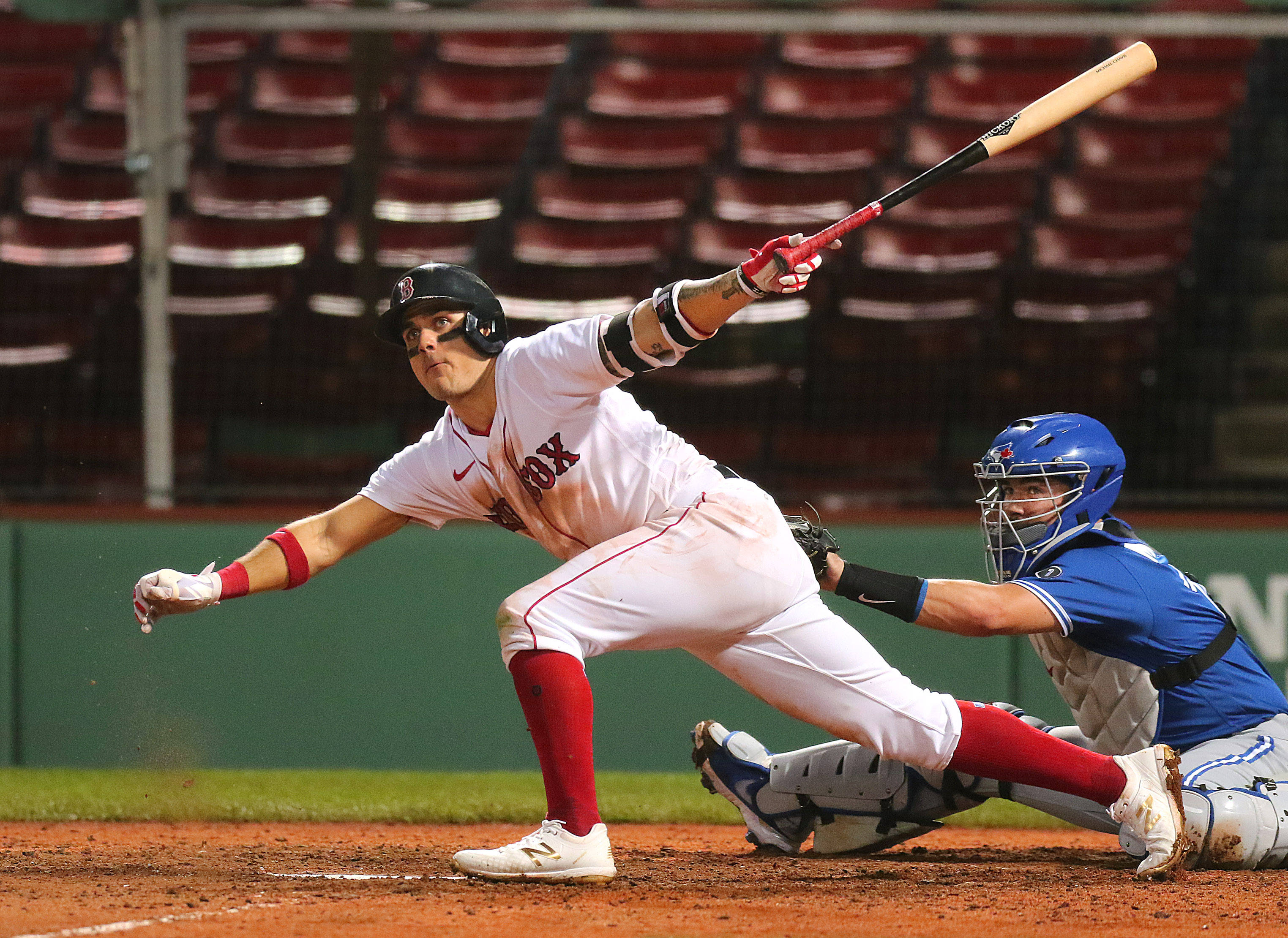 Michael Chavis watches his foul ball go down the third-base line late in a game against Toronto earlier this month.