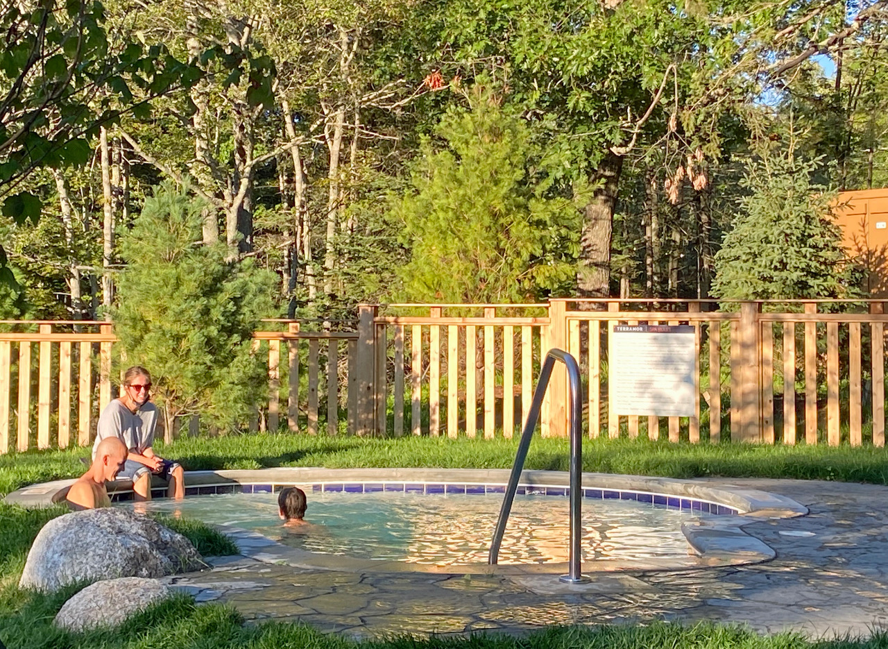 Glampers enjoy the pool at Terramor in Bar Harbor, Maine.