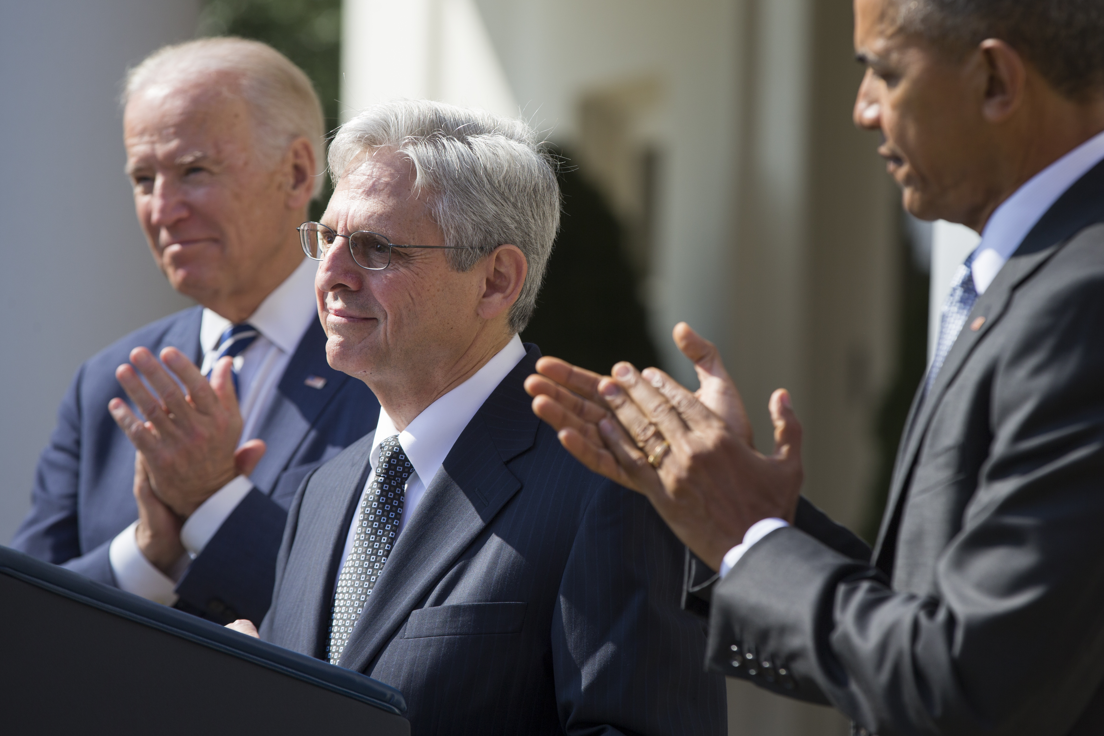 Judge Merrick Garland (center) stood with President Barack Obama and Vice President Joe Biden after being nominated by Obama for the Supreme Court in 2016. Republicans blocked his nomination.