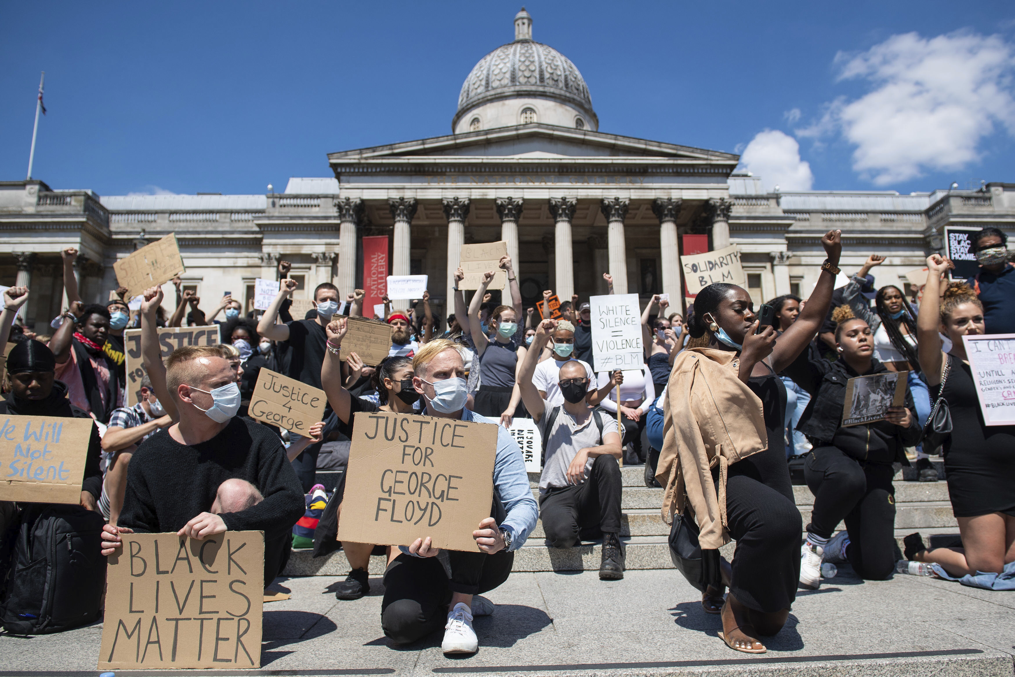People took part in a Black Lives Matter protest in Trafalgar Square in London on Sunday to protest against the recent killing of George Floyd by police officers in Minneapolis.