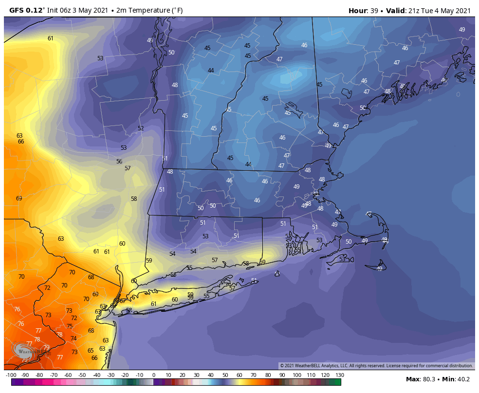 Tuesday is likely the coolest day this week in Greater Boston with highs struggling toward 50 degrees in the afternoon.