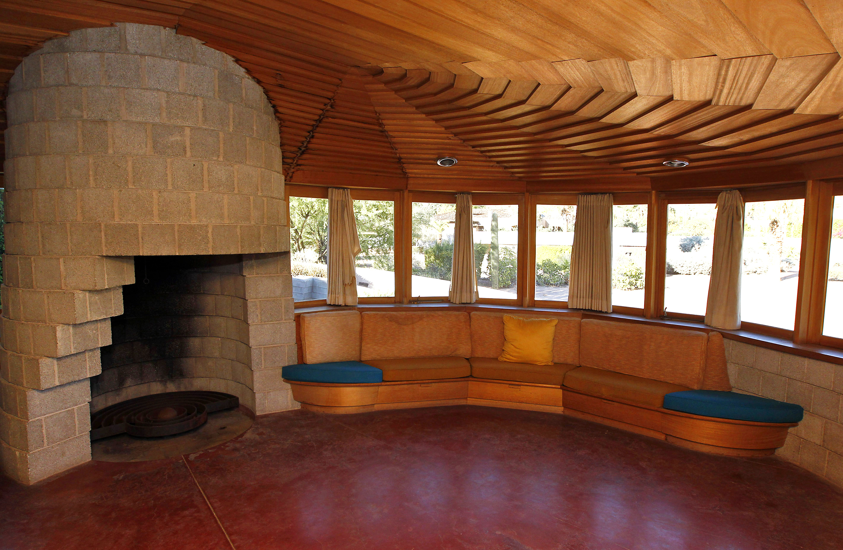 FILE - The master bedroom of a home designed by noted architect Frank Lloyd Wright in Phoenix is shown Friday, Oct. 19, 2012. The Arizona Republic reported Monday, Aug. 31, 2020, that the David and Gladys Wright House sold for $7.25 million. (AP Photo/Ross D. Franklin, File)