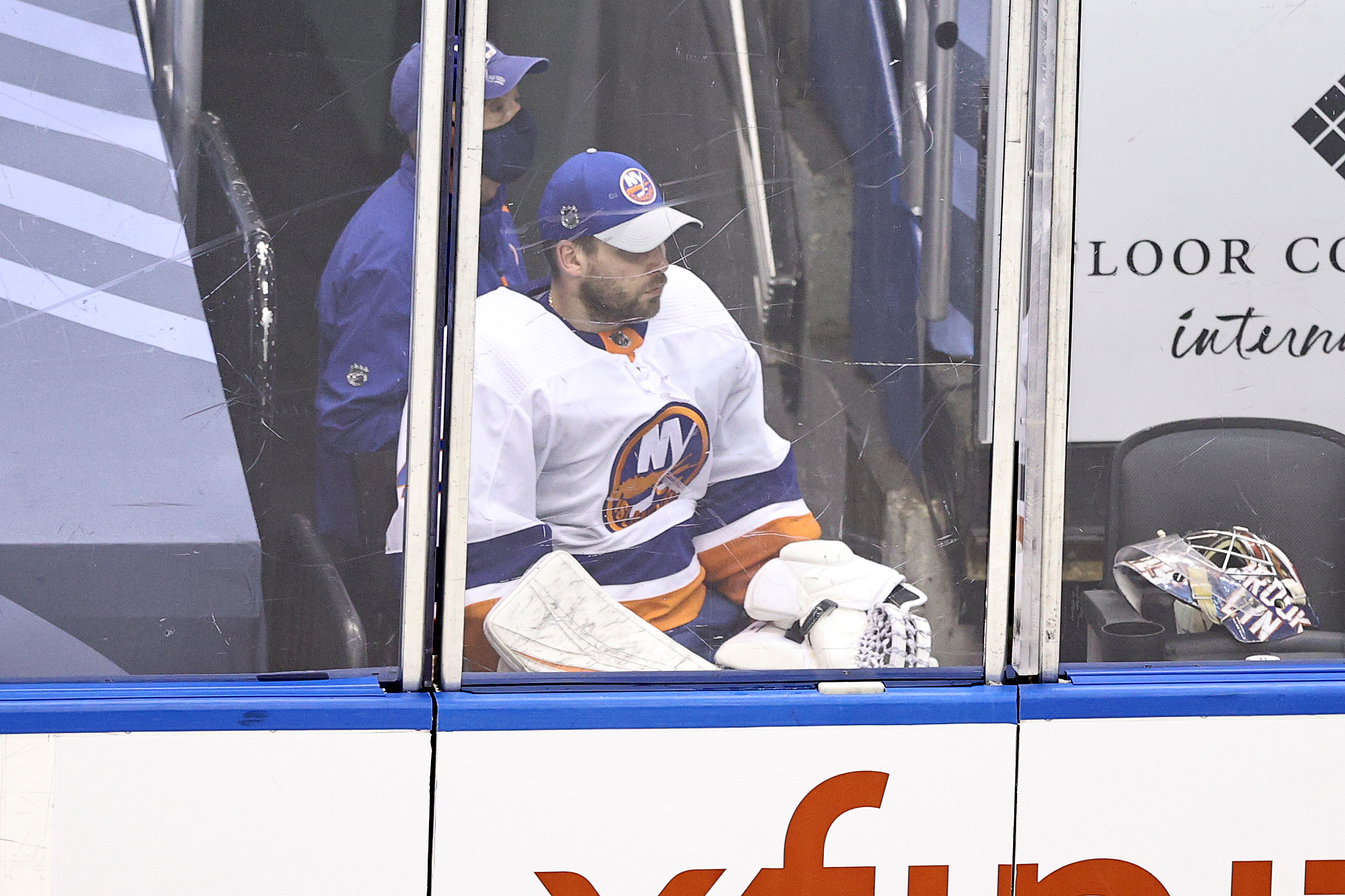 Semyon Varlamov looks on after being taken out during the first period of Game 2 against the Flyers.