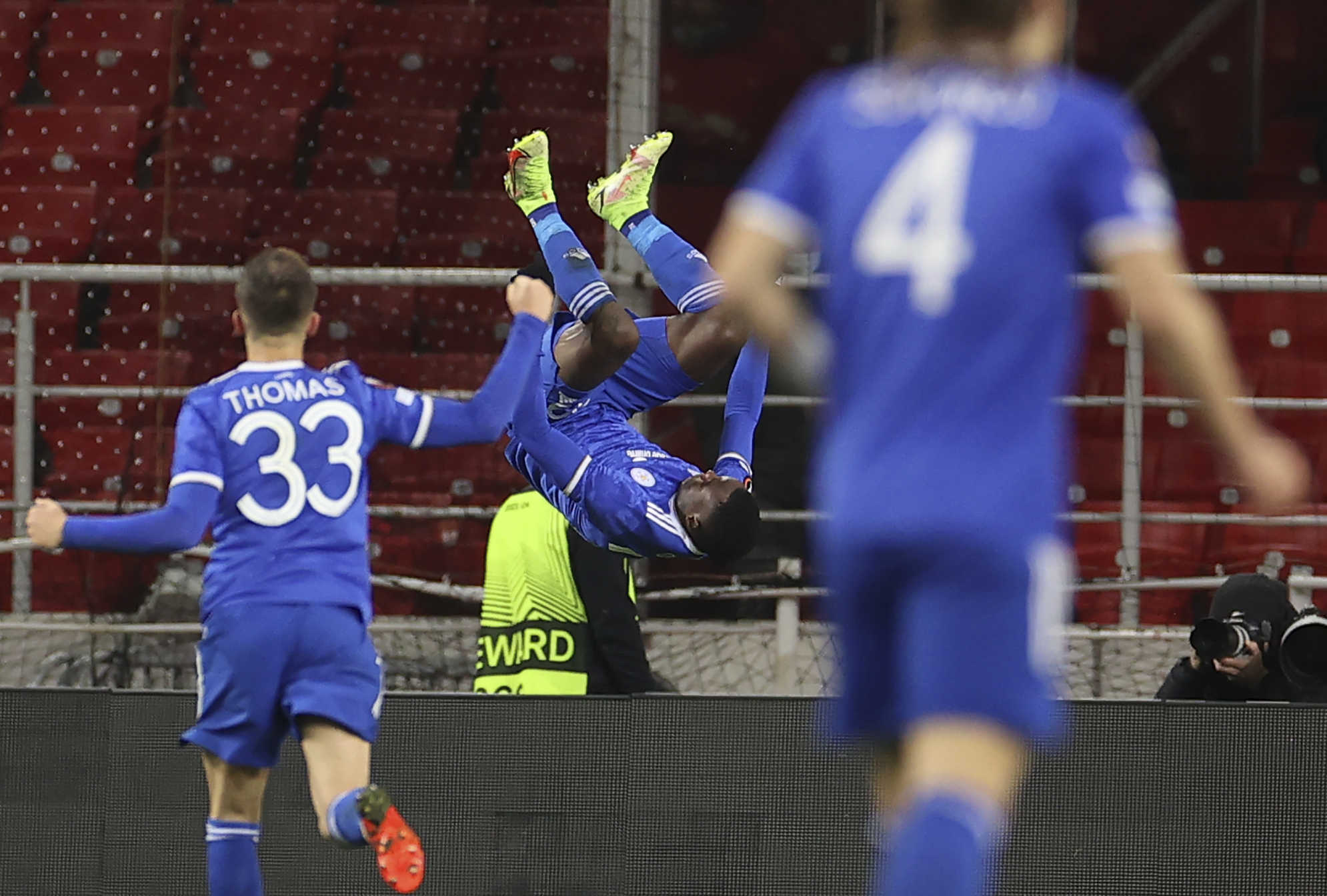 Leicester's Patson Daka celebrates after scoring his side's third goal during Wednesday's match between Spartak Moscow and Leicester City.