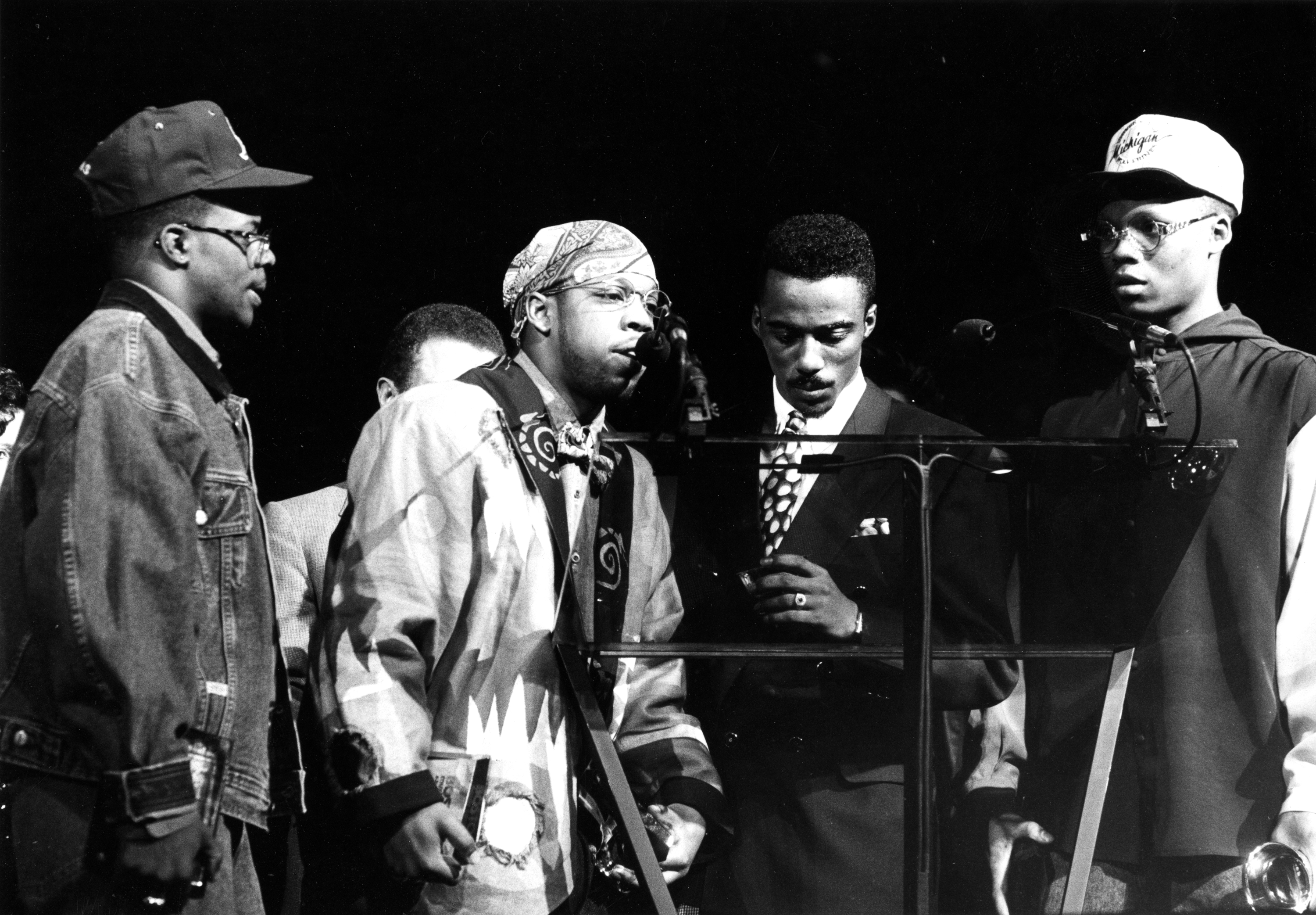 From left, Ricky Bell, Michael Bivins, Ralph Tresvant, and Ronnie DeVoe of the R&B group New Edition received a Hall of Fame award at the Boston Music Awards in Boston on April 16, 1991.