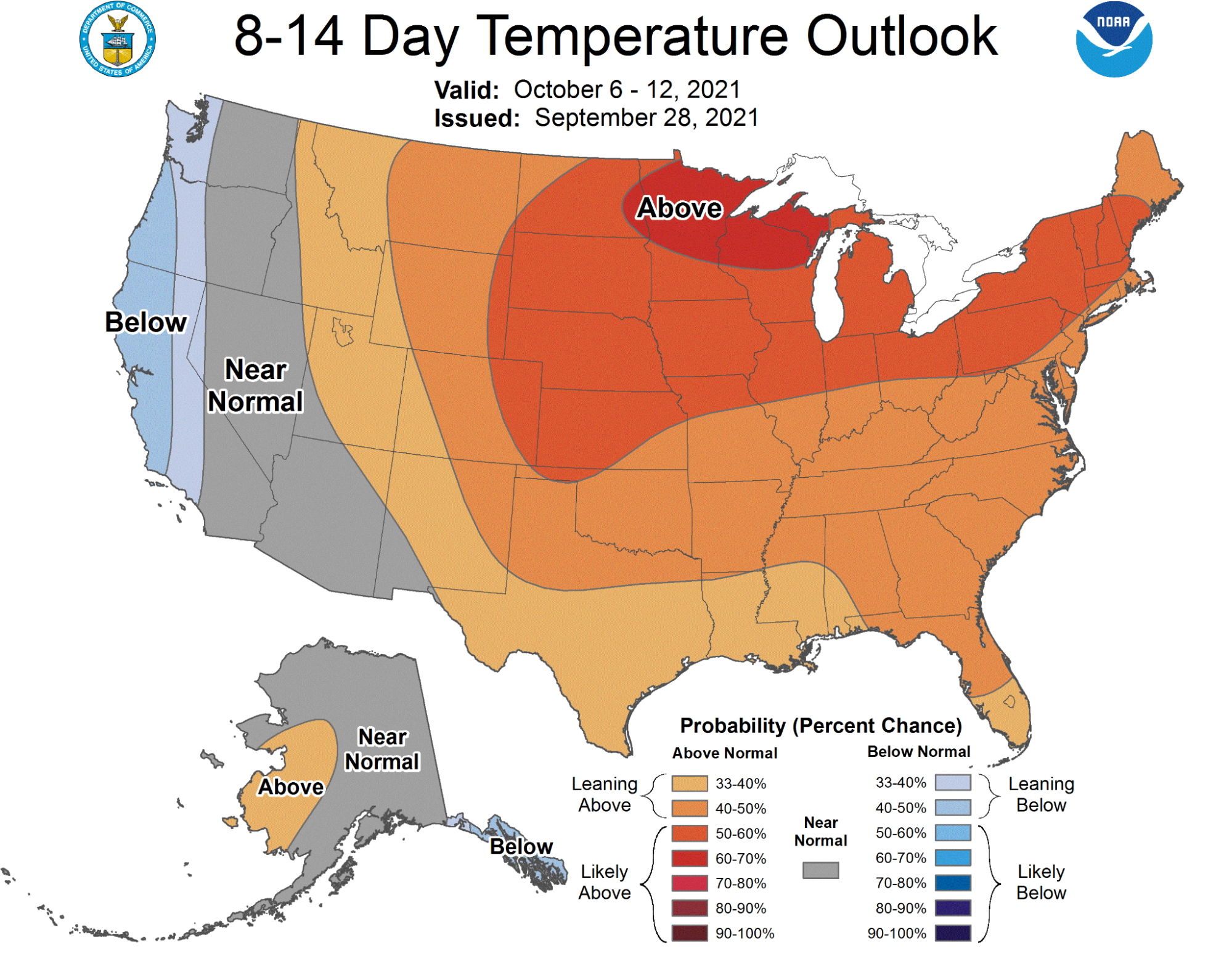 There is a stronger likelihood of above average temperatures in early October.