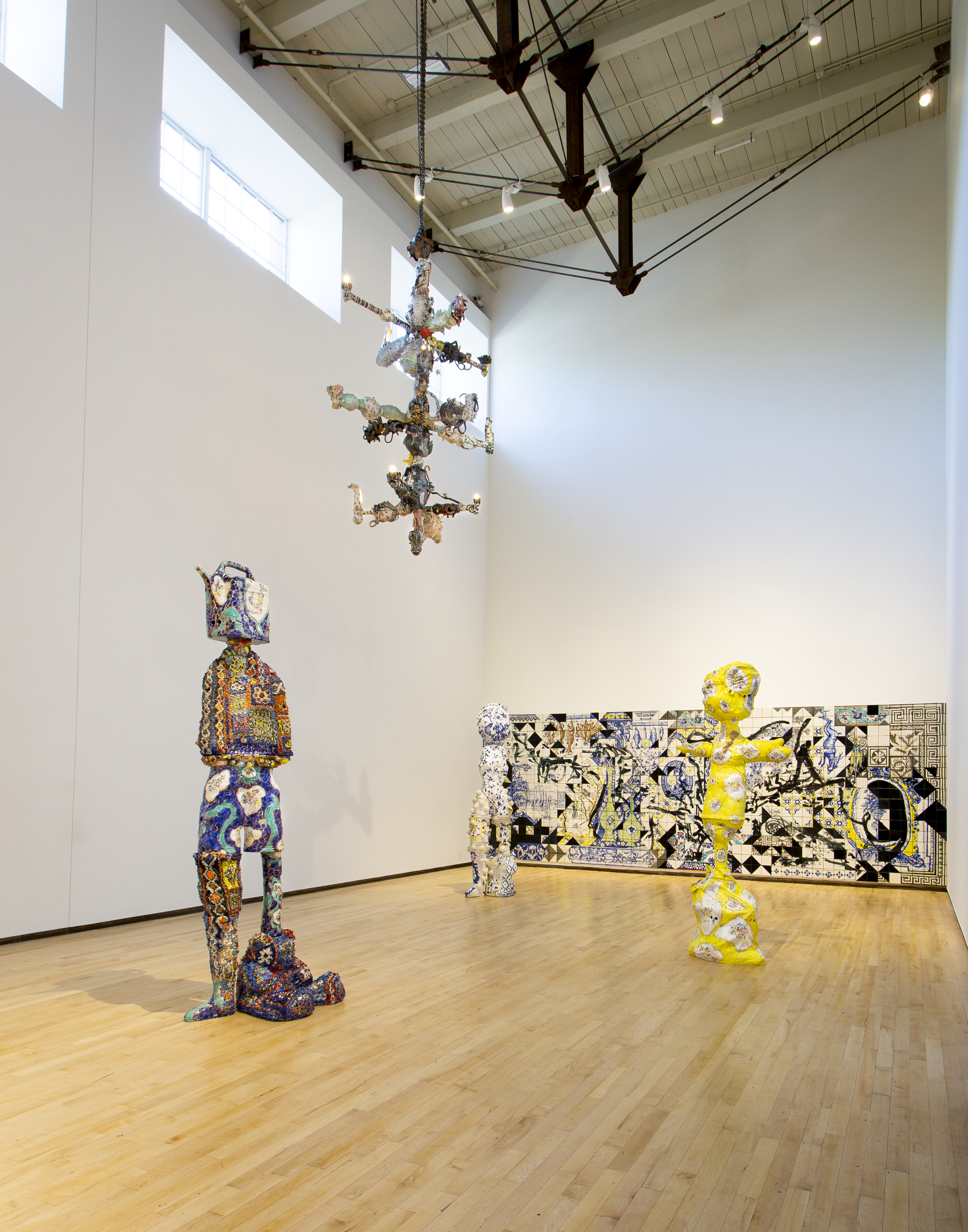 Francesca DiMattio (from left): "Teddy Bear Caryatid," 2021; "Lego Caryatid," 2021; "Trash Bag Caryatid, 2021." Above: "Chandelabra II," 2015. Background: "Mosaic," 2021.