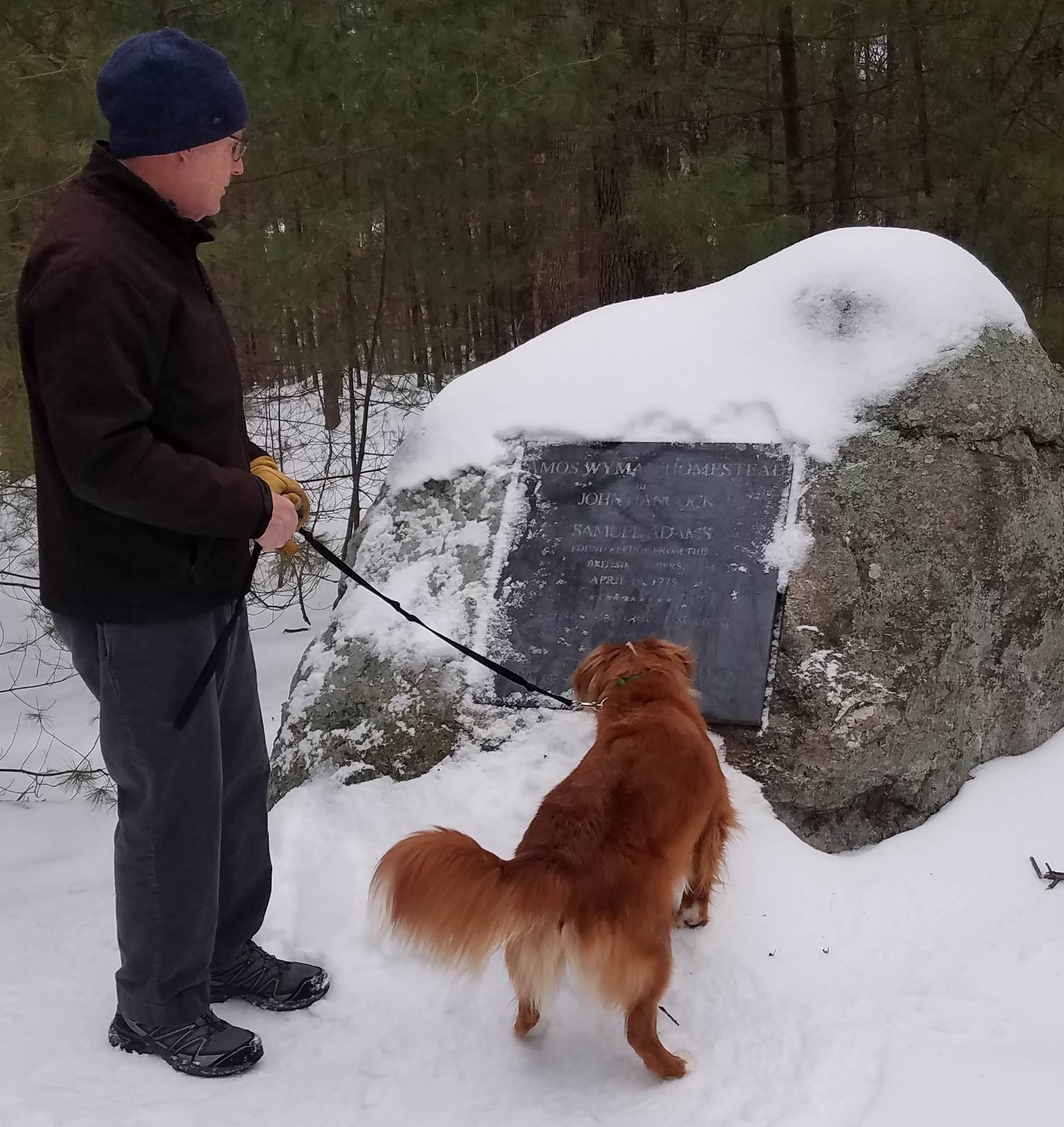 In Billerica, Philbrick and his dog come upon a marker for the place where Samuel Adams and John Hancock hid from British soldiers.