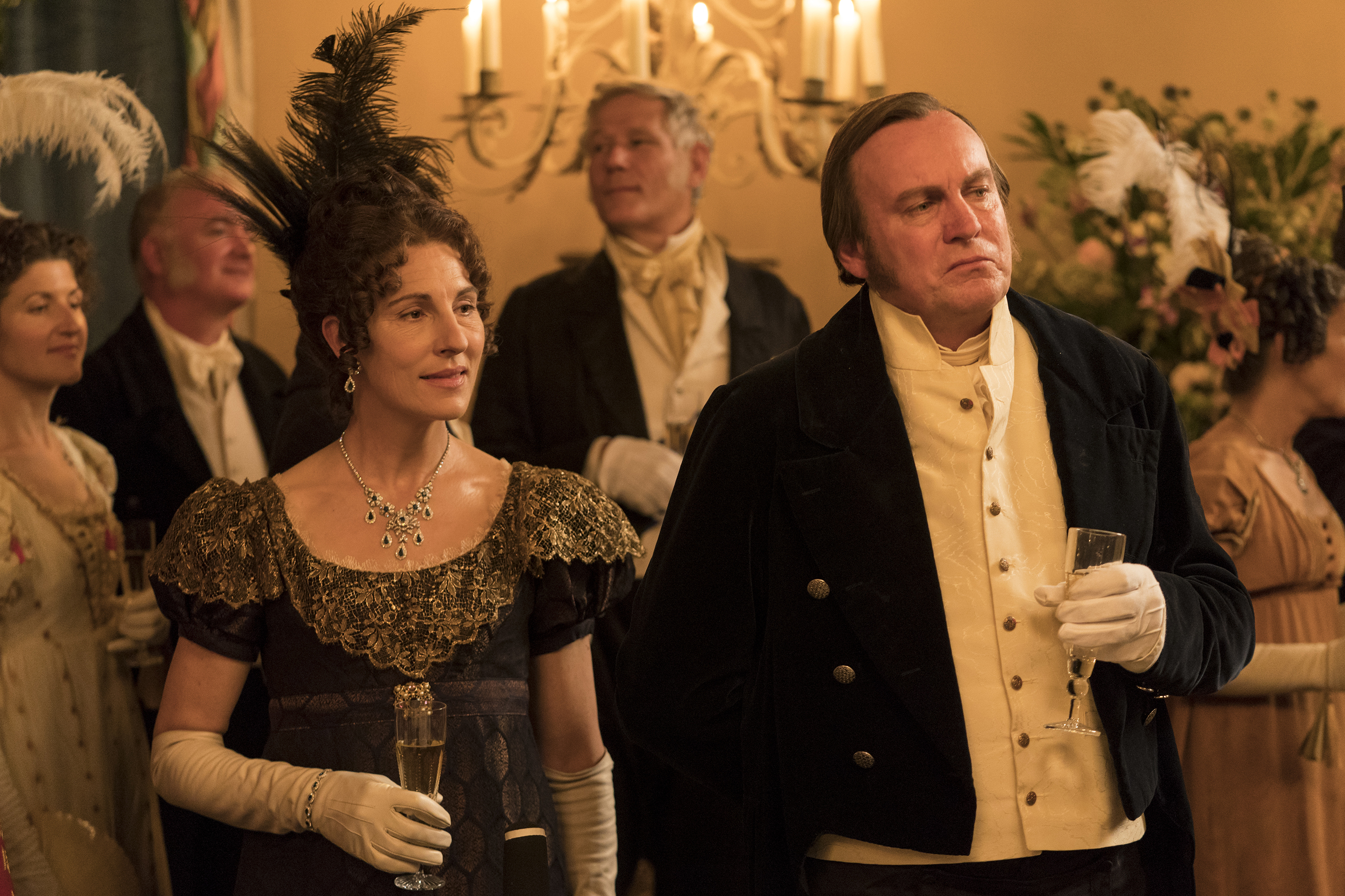 Tamsin Greig and Philip Glenister in "Belgravia."
