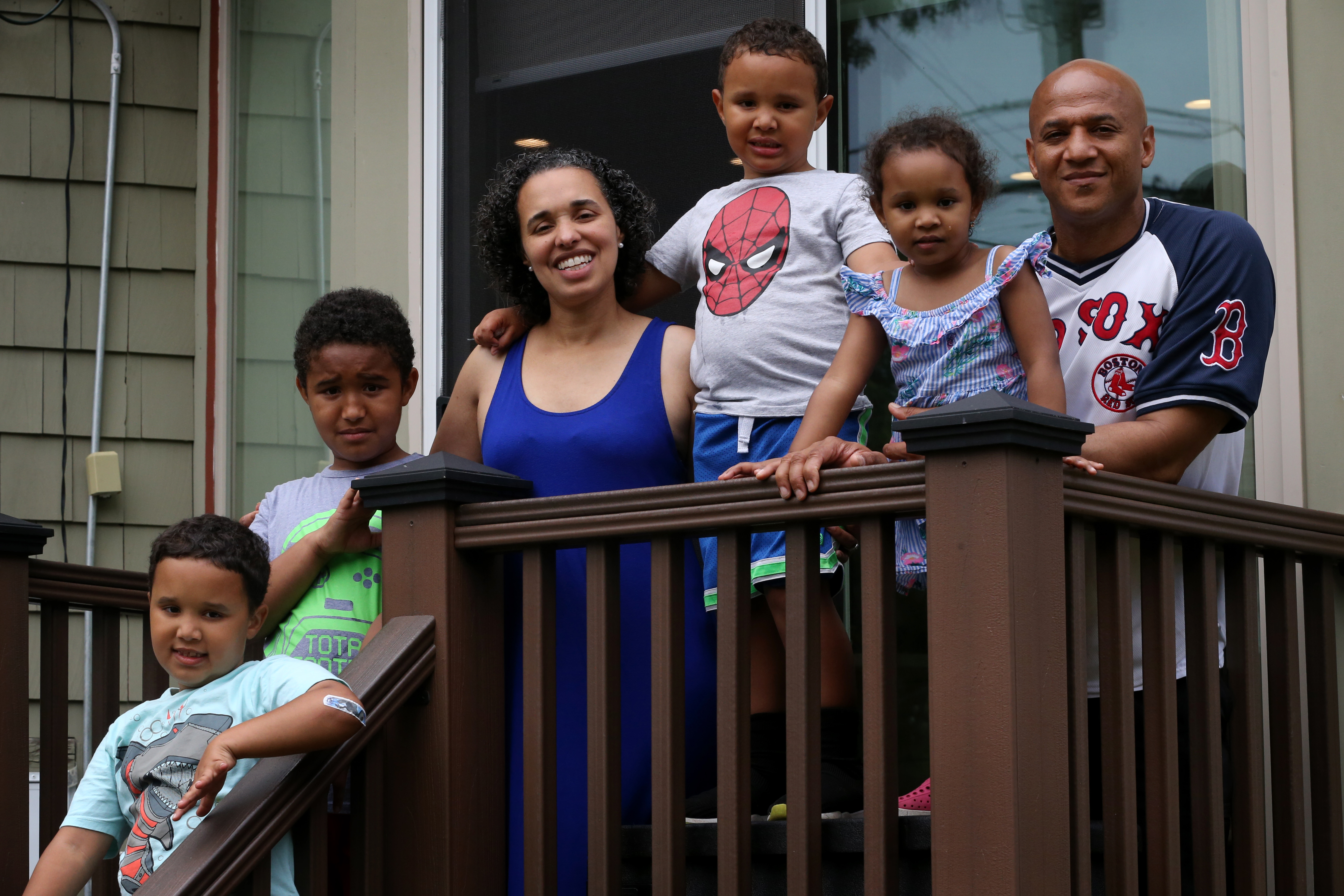 Mayoral candidate John Barros and his wife, Tchintcia, with their children (left to right) Jeremiah, 7; John Jr., 9; Casey, 5; and Olivia, 3, at their home in Dorchester.